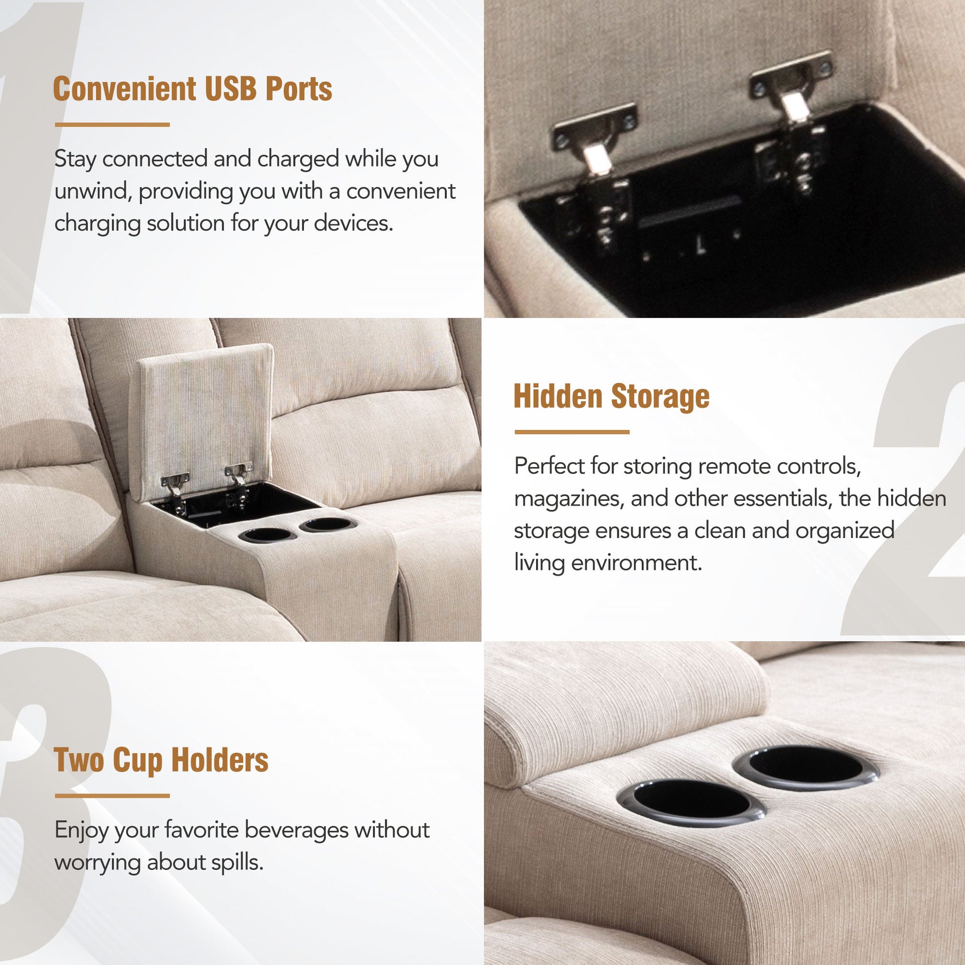 94.8" Modern Manual Reclining Living Room Furniture Set With Usb Ports, Hidden Storage, Led Light Strip And 2 Cup Holders, Cream Cream Foam Velvet