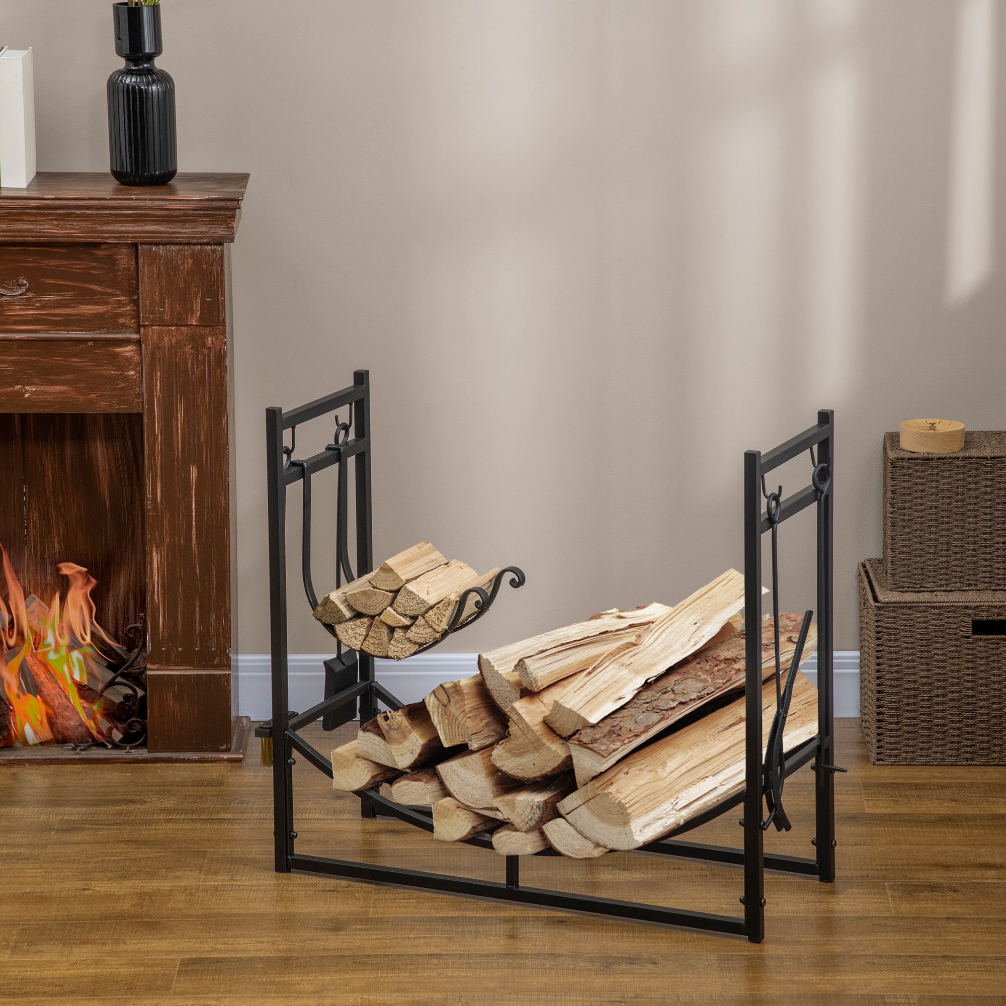 Firewood Rack with Fireplace Tools, Indoor Outdoor