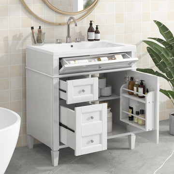 30'' Bathroom Vanity With Top Sink, Modern Bathroom Storage Cabinet With 2 Drawers And A Tip Out Drawer, Single Sink Bathroom Vanity White Modern Mdf