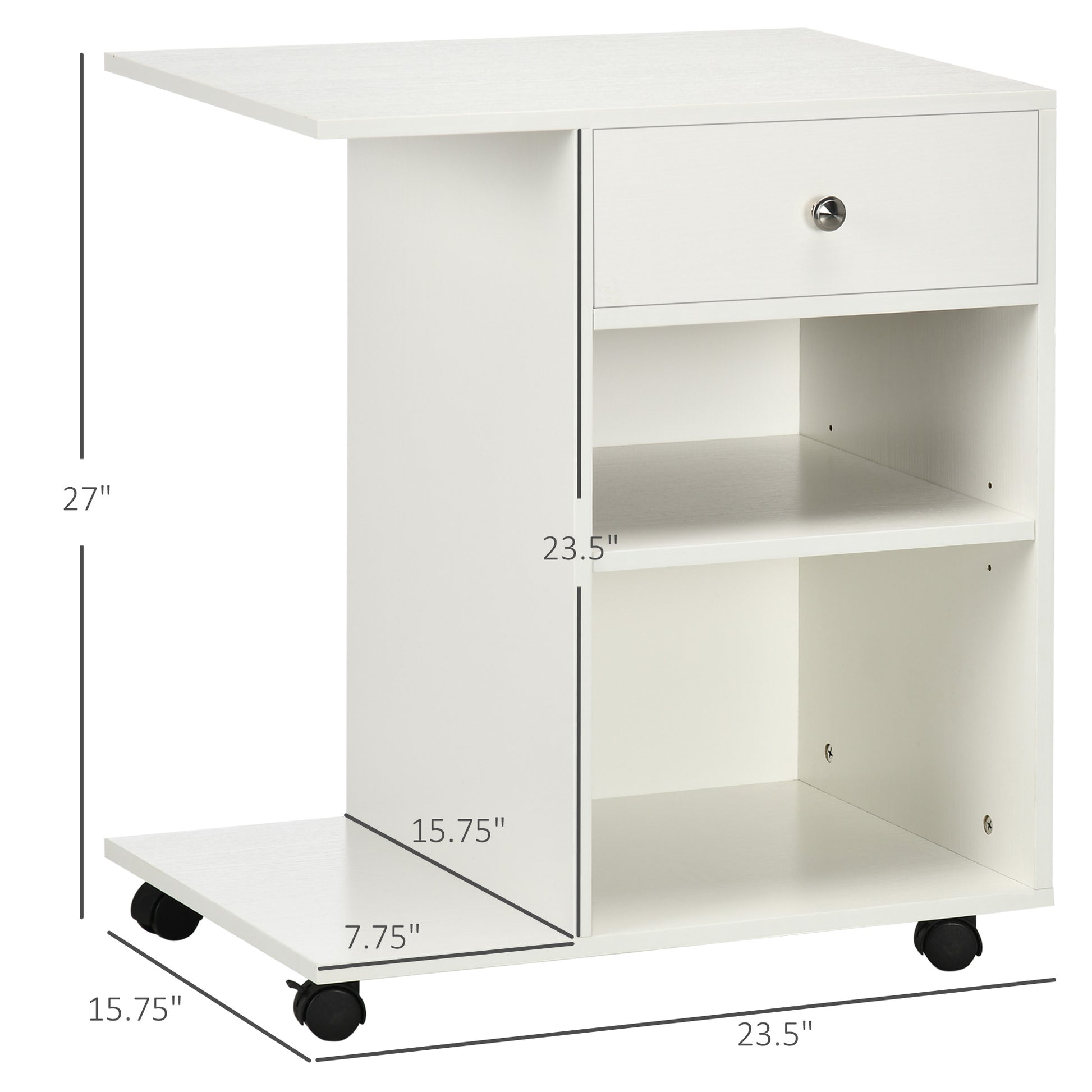 Mobile Printer Stand, Rolling File Cabinet Cart With Wheels, Adjustable Shelf, Drawer And Cpu Stand, White White Particle Board