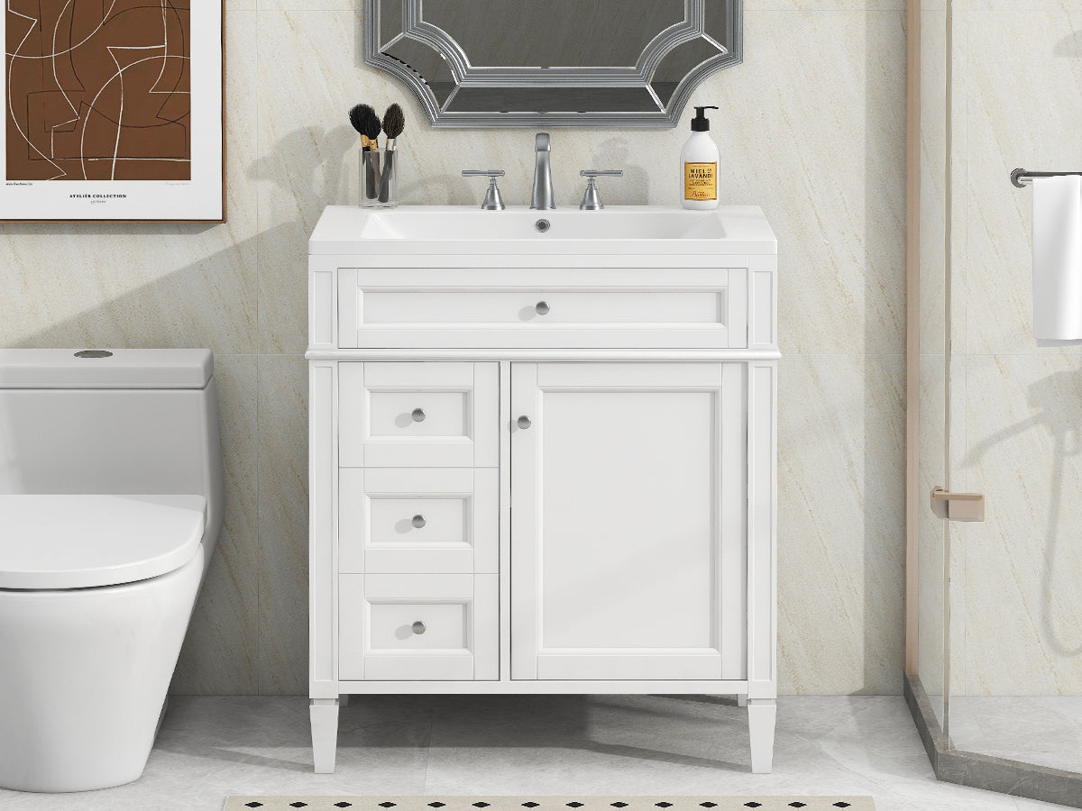 30'' Bathroom Vanity With Top Sink, Modern Bathroom Storage Cabinet With 2 Drawers And A Tip Out Drawer, Single Sink Bathroom Vanity White Modern Mdf