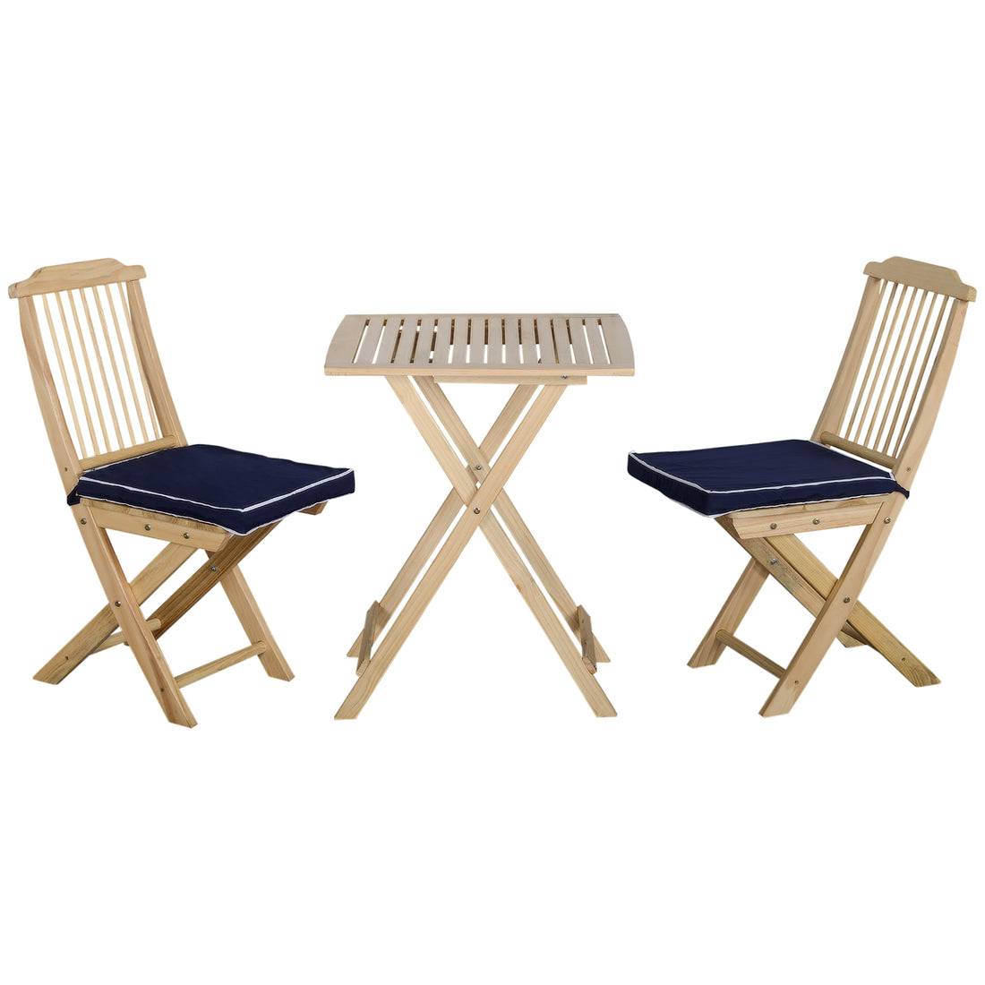 3 Pieces Patio Folding Bistro Set, Outdoor Pine Wood Table And Chairs Set With Tie On Cushion & Square Coffee Table, Great For Indoor, Poolside, Garden, Dark Blue Natural Wood