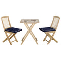 3 Pieces Patio Folding Bistro Set, Outdoor Pine Wood Table And Chairs Set With Tie On Cushion & Square Coffee Table, Great For Indoor, Poolside, Garden, Dark Blue Natural Wood