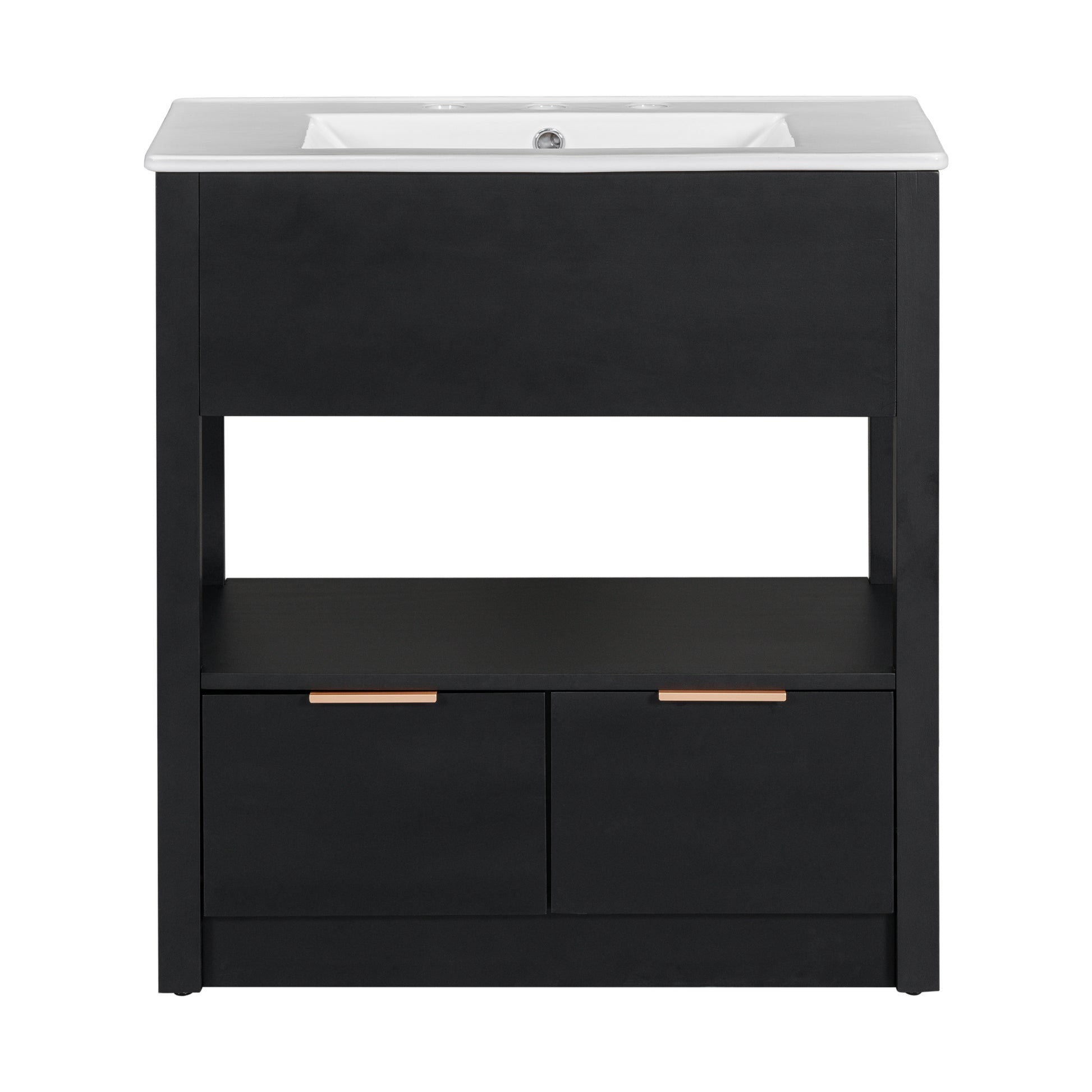 30" Bathroom Vanity With Sink Top, Bathroom Cabinet With Open Storage Shelf And Two Drawers, One Package, Black Old Sku:Wf311619Aap Black Solid Wood Mdf