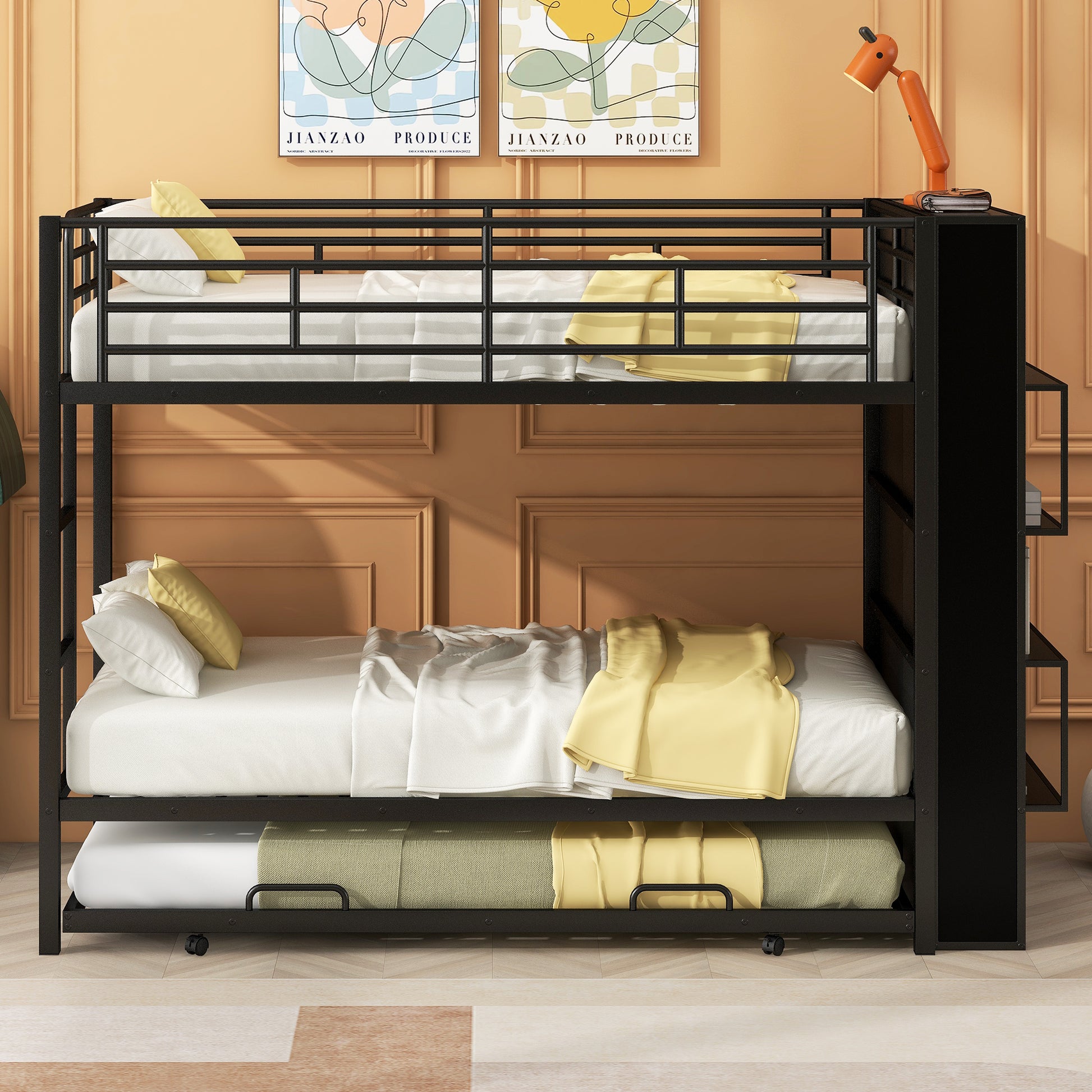Metal Bunk Bed With Big Bookshelf, Twin, Black Black Metal