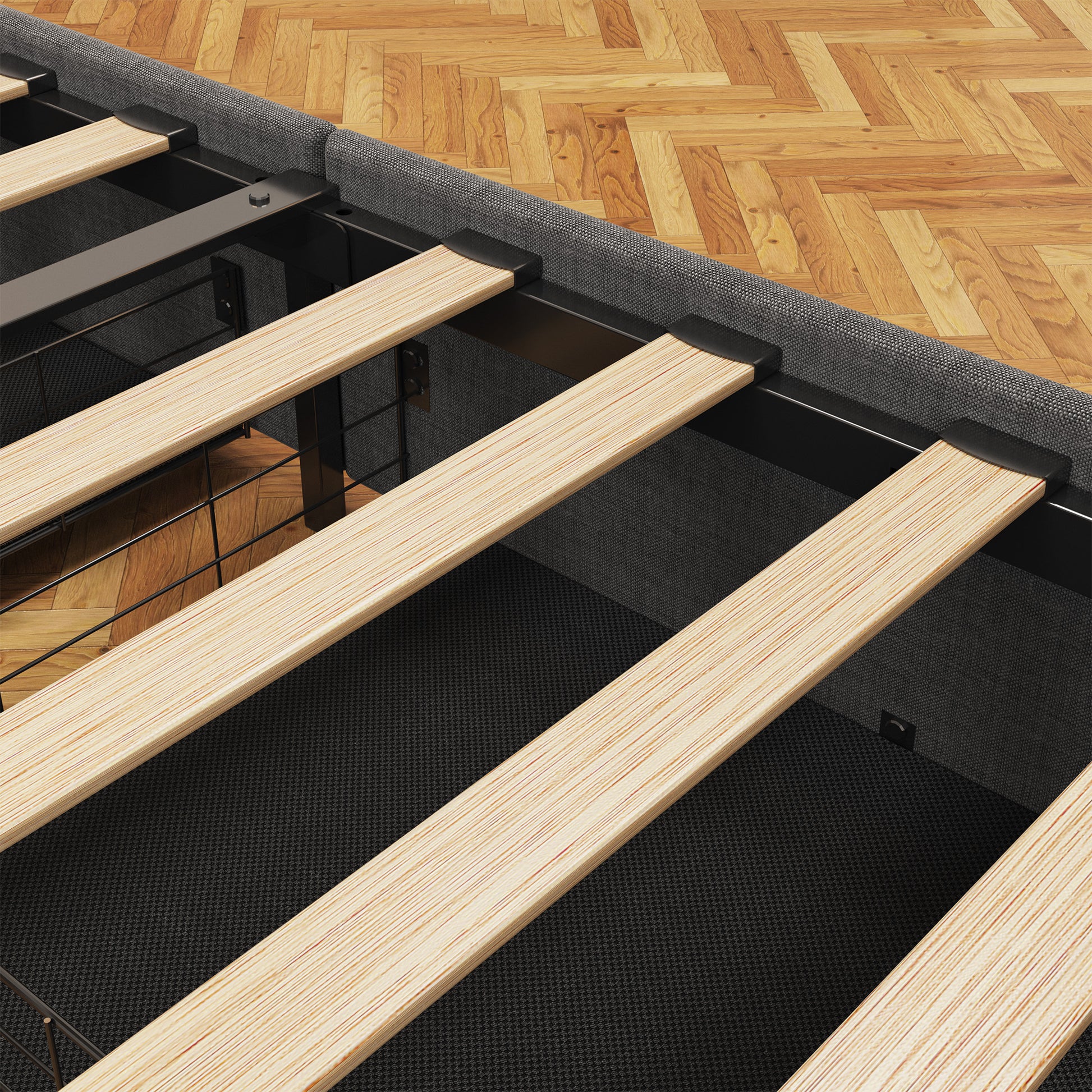 Queen Size Bed Frame With Led, 4 Under Bed Portable Storage Drawers, Wings Headboard Design, Dark Grey Box Spring Not Required Queen Dark Grey Metal Bedroom Bed Frame Upholstered Linen Upholstered