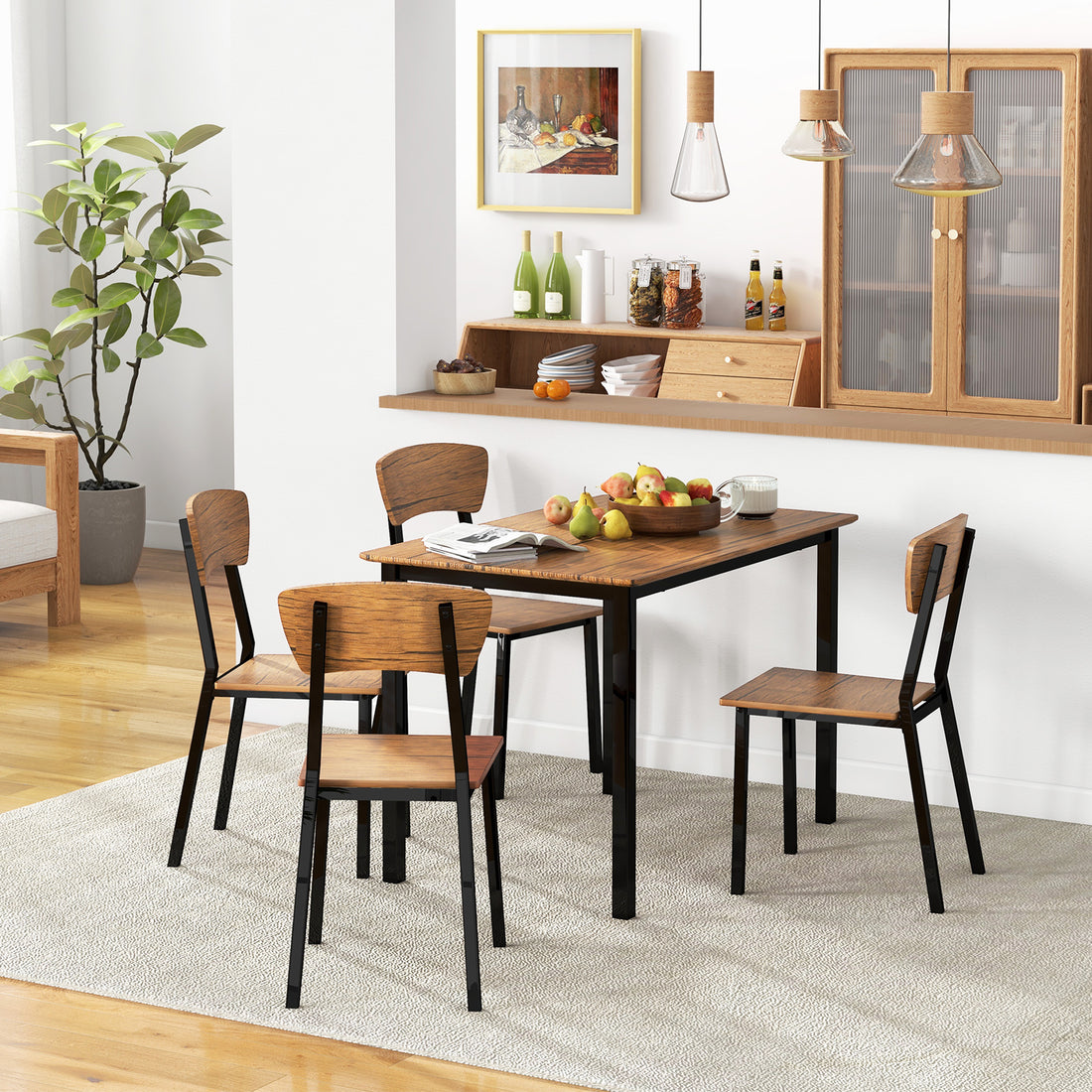 5 Piece Industrial Dining Table Set for 4, Rectangular rustic brown-mdf+steel