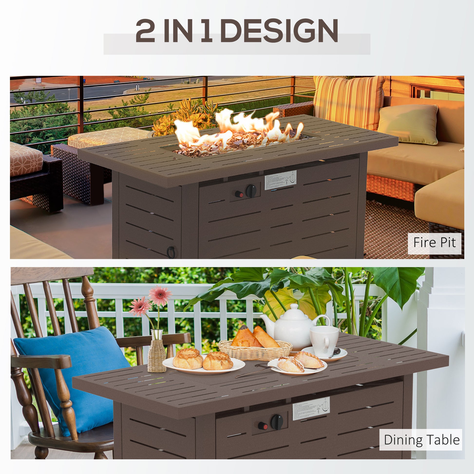 42 Inch Outdoor Propane Gas Fire Pit Table, 50,000 Btu Auto Ignition Rectangular Gas Firepit With Slat Tabletop, Lid, Lava Rocks, Rain Cover, Csa Certification, Brown Brown Steel