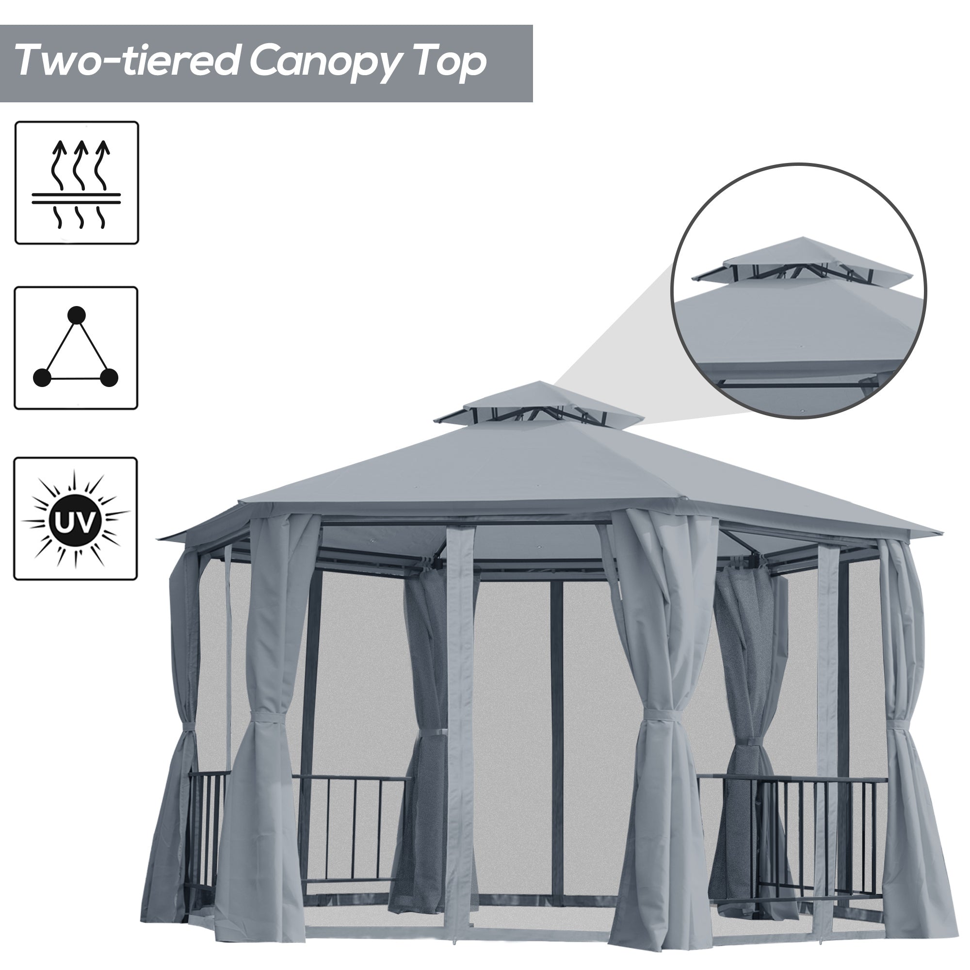 13' x 13' Patio Gazebo, Double Roof Hexagon Outdoor gray-steel