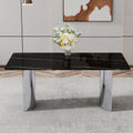 Modern Minimalist Dining Table. The Black Imitation Marble Glass Desktop Is Equipped With Silver Metal Legs. Suitable For Restaurants And Living Rooms 71 