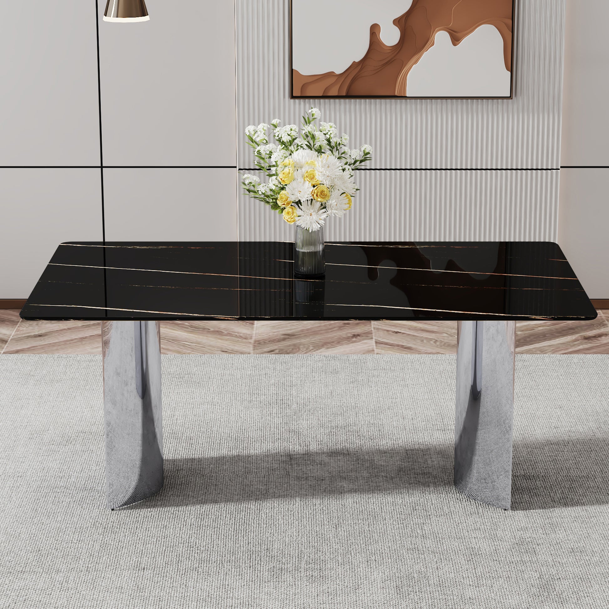 Modern Minimalist Dining Table. The Black Imitation Marble Glass Desktop Is Equipped With Silver Metal Legs. Suitable For Restaurants And Living Rooms 71 "* 39.3" * 29.5 "Dt 69 Black Glass