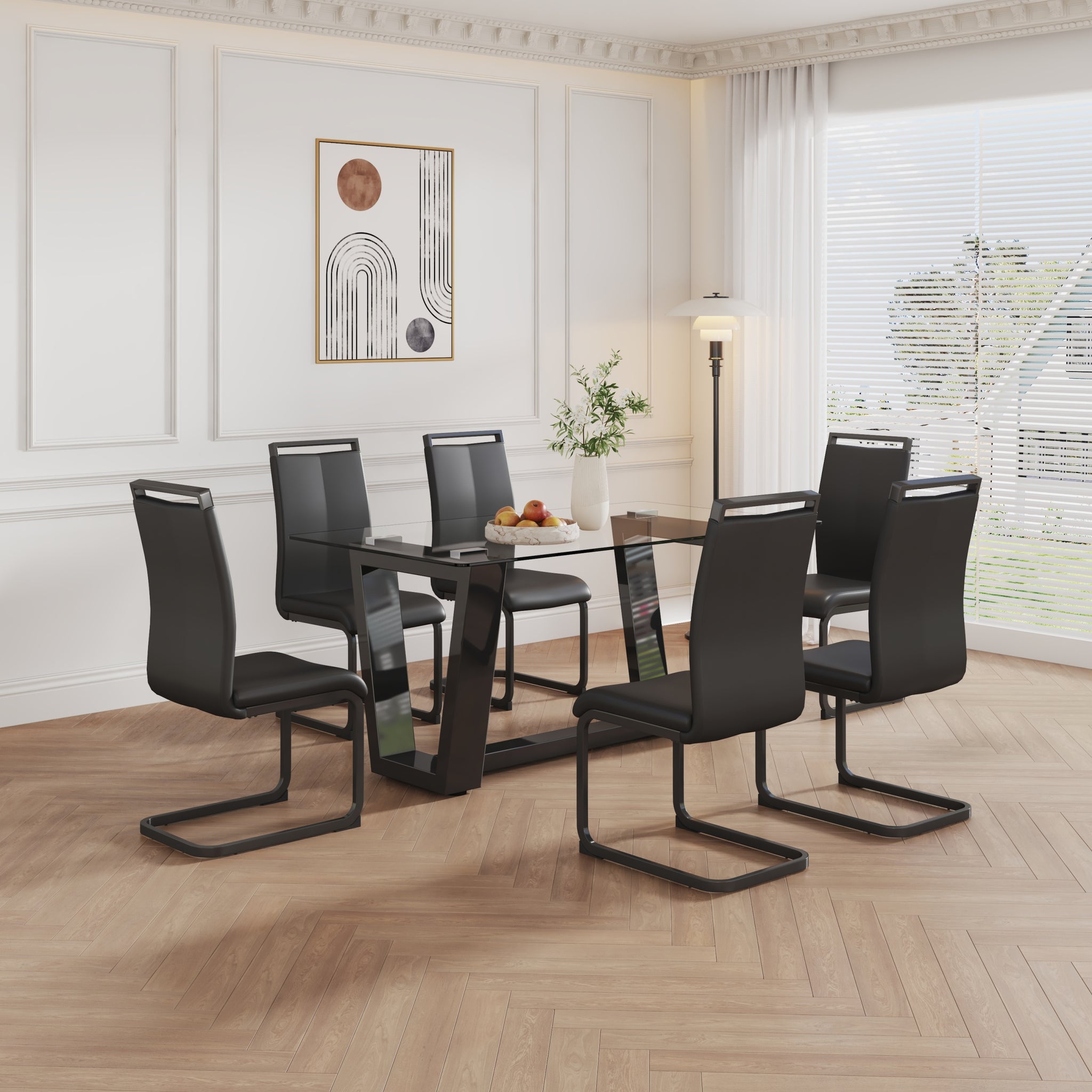 Table And Chair Set, 1 Table With 6 Black Chairs. 0.4 "Tempered Glass Desktop And Black Mdf, Pu Artificial Leather High Backrest Cushion Side Chair, C Shaped Tube Black Coated Metal Legs. Black Mdf