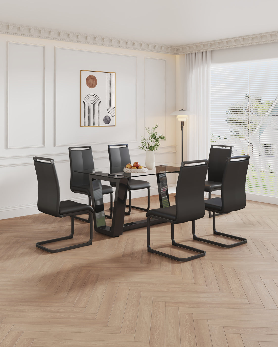 Table And Chair Set, 1 Table With 6 Black Chairs. 0.4 "Tempered Glass Desktop And Black Mdf, Pu Artificial Leather High Backrest Cushion Side Chair, C Shaped Tube Black Coated Metal Legs. Black Mdf