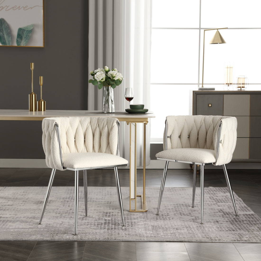 Coolmore Leisure Dining Chairs Accent Chair Velvet Accent Lounge Chair With Metal Feet 2Pc Set Ivory Boucle