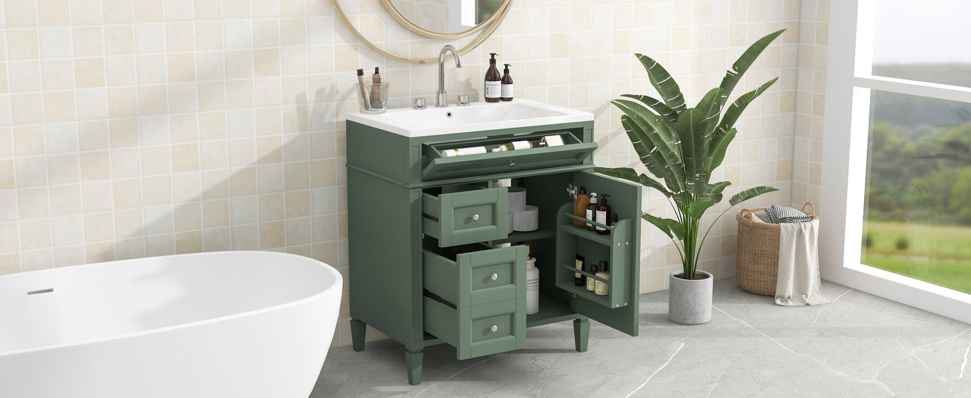 30'' Bathroom Vanity With Top Sink, Modern Bathroom Storage Cabinet With 2 Drawers And A Tip Out Drawer, Single Sink Bathroom Vanity Green Mdf