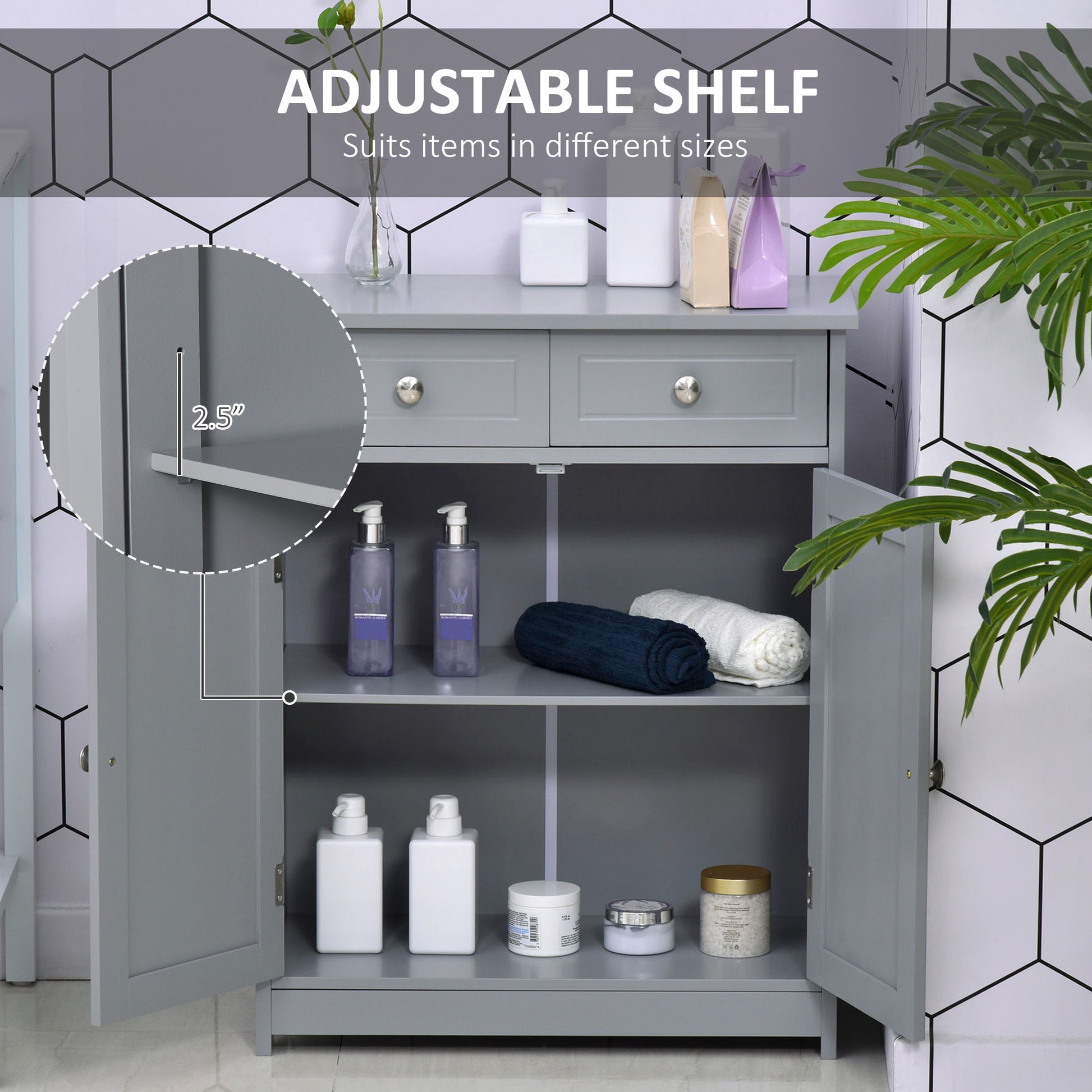 Kleankin Bathroom Floor Cabinet, Wooden Bathroom Cabinet With 2 Doors, 2 Drawers And Adjustable Shelf, Freestanding Storage Cabinet For Bathroom, Grey Grey Mdf