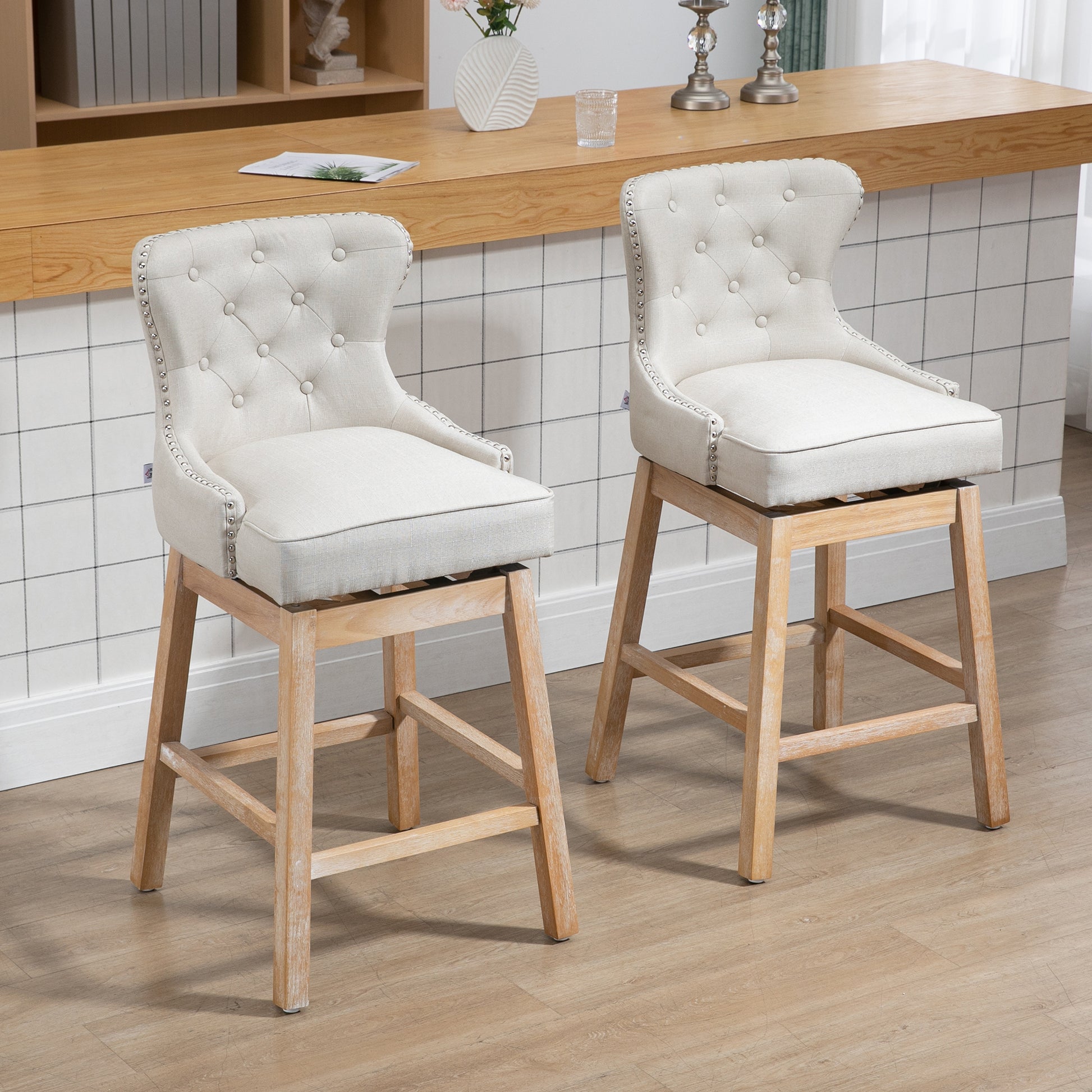 Upholstered Fabric Bar Height Bar Stools, 180 Swivel Trim Pub Chairs, 30" Seat Height With Rubber Wood Legs, Set Of 2, Cream Cream White Linen