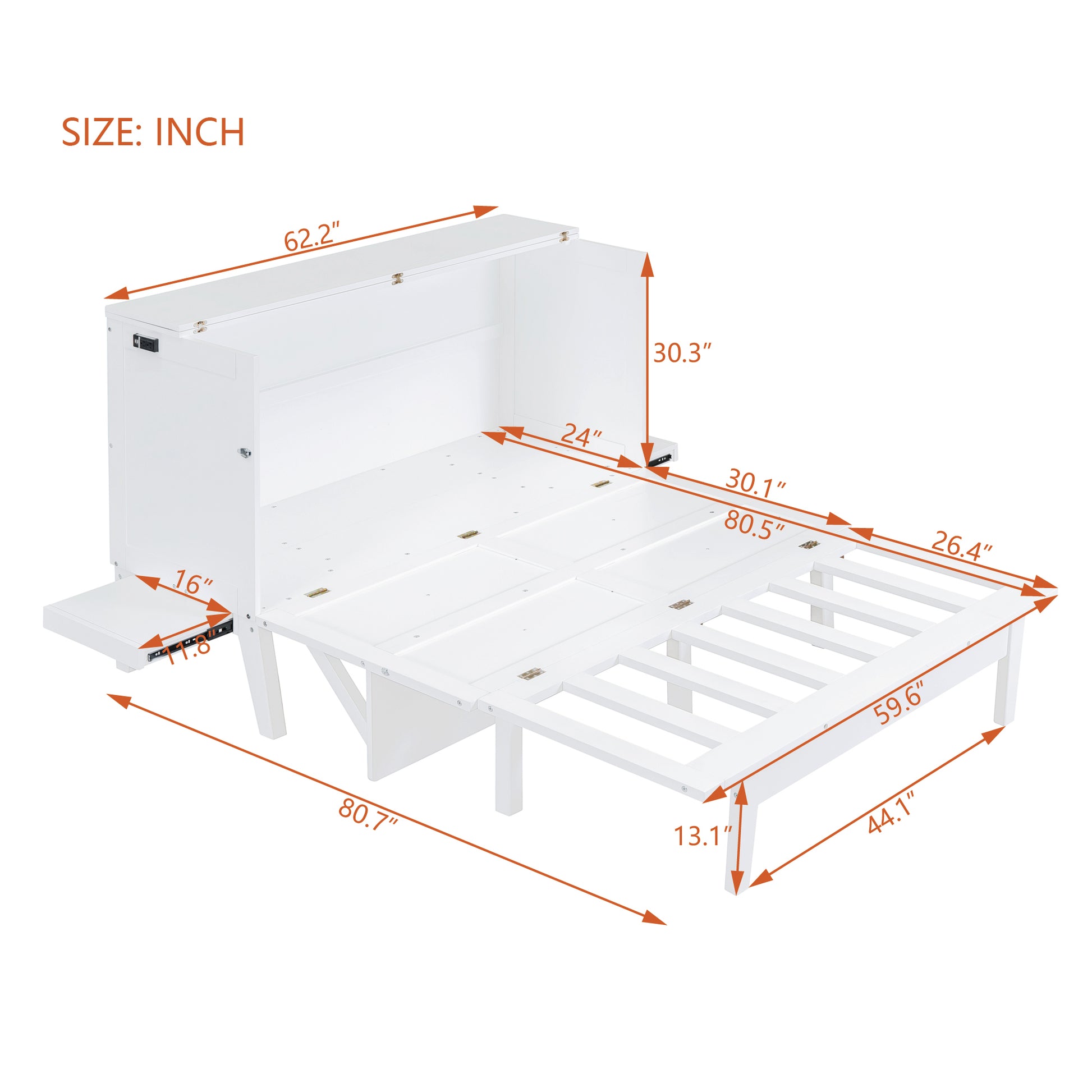 Queen Size Murphy Bed With Usb Port And Removable Shelves On Each Side,White White Solid Wood Mdf