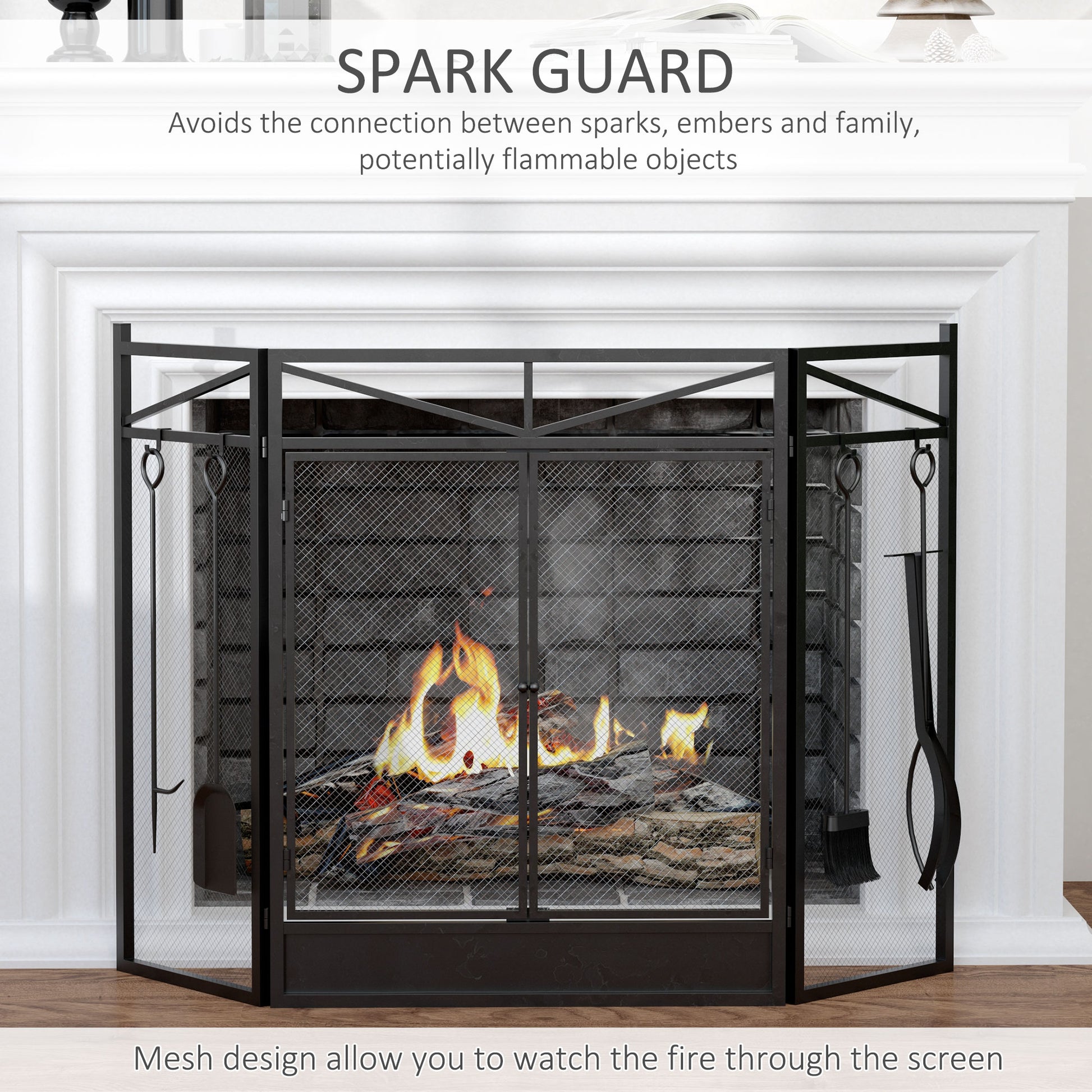 3 Panel Folding Fireplace Screen With 2 Magnetic Doors And Fire Place Tools Set, Fire Spark Guard For Wood Burning, With Brush, Shovel, Poker, Firewood Tongs, 48" X 0.75", Black Black Steel