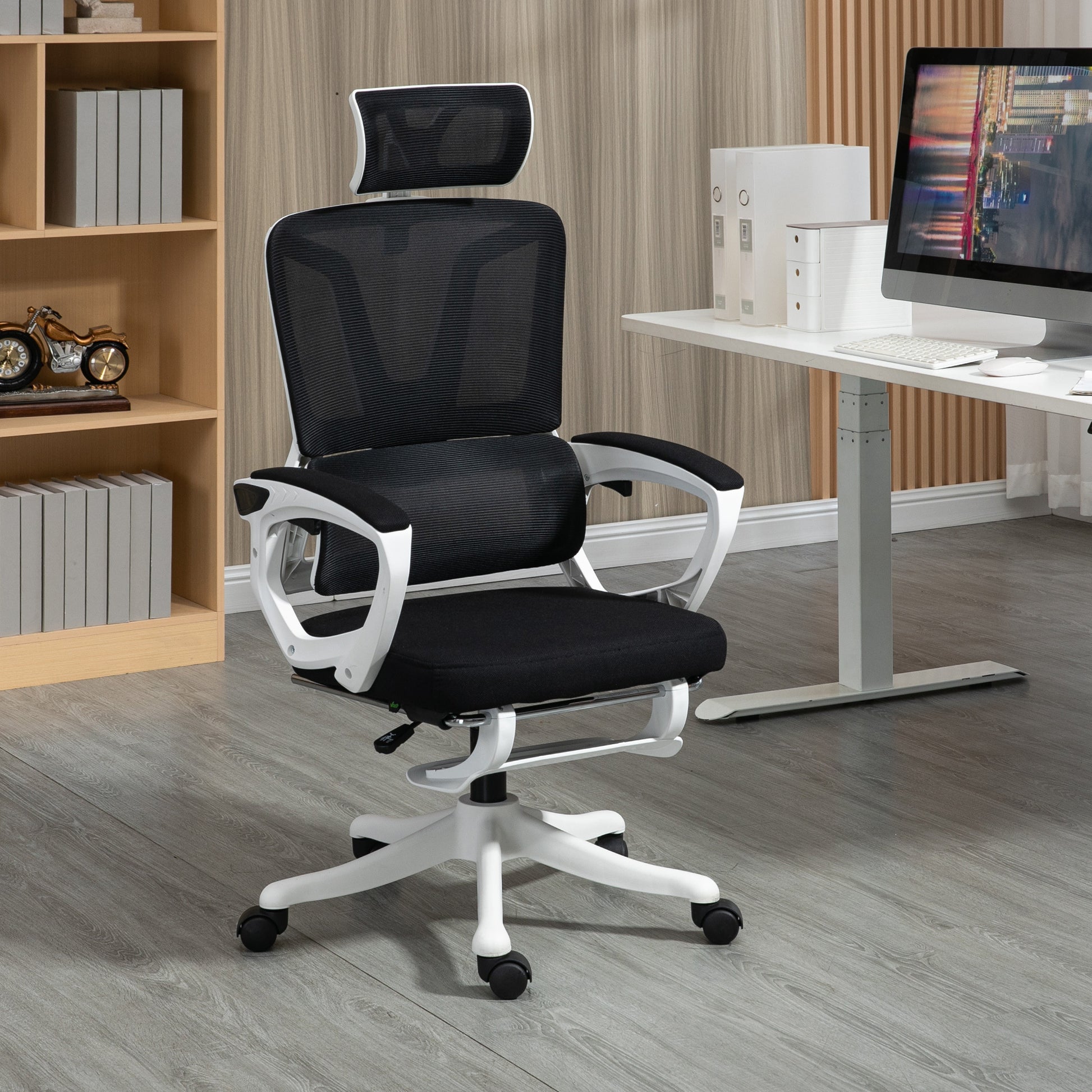 High Back Home Office Chair, Fabric Computer Desk Chair With Adjustable Headrest, Lumbar Support, Armrest, Foot Rest, Reclining Back, Black Black Polyester