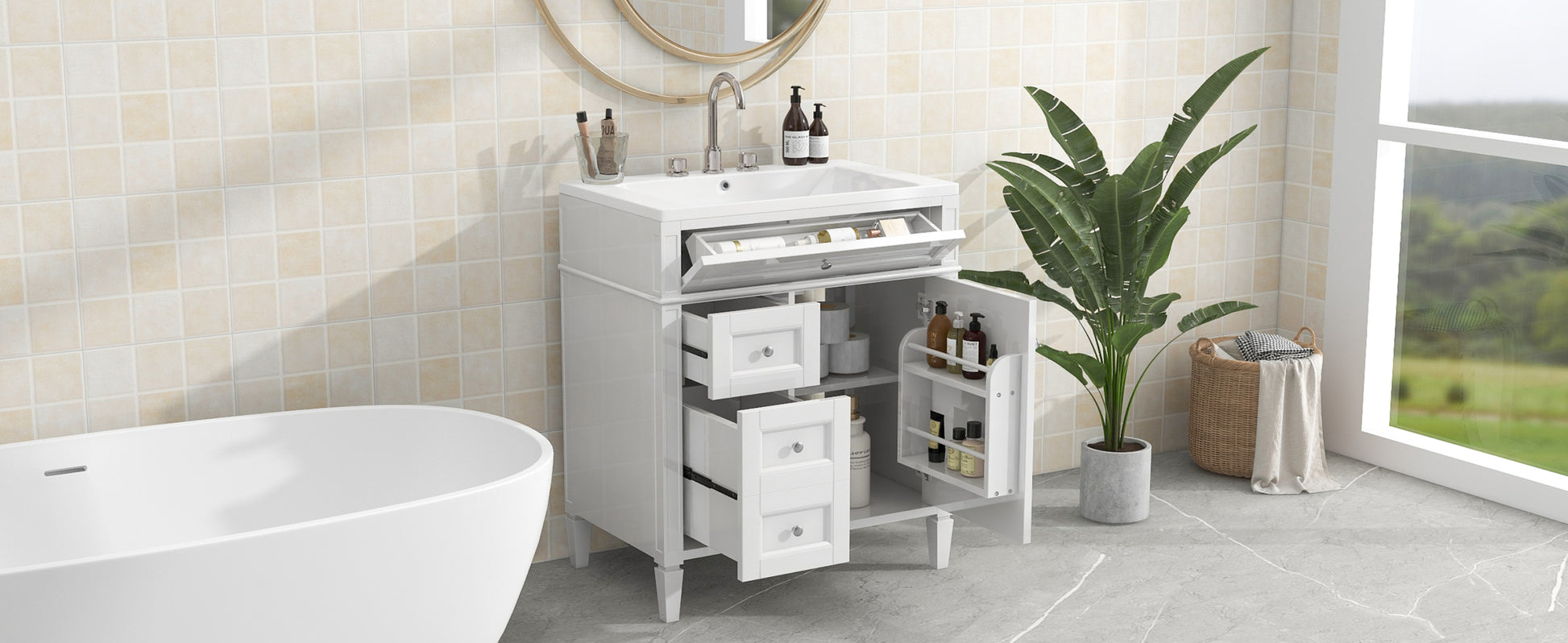 30'' Bathroom Vanity With Top Sink, Modern Bathroom Storage Cabinet With 2 Drawers And A Tip Out Drawer, Single Sink Bathroom Vanity White Modern Mdf