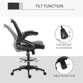 Mesh Drafting Chair, Tall Office Chair With Lumbar Support, Flip Up Armrests, Footrest Ring And Adjustable Seat Height, Black Black Foam