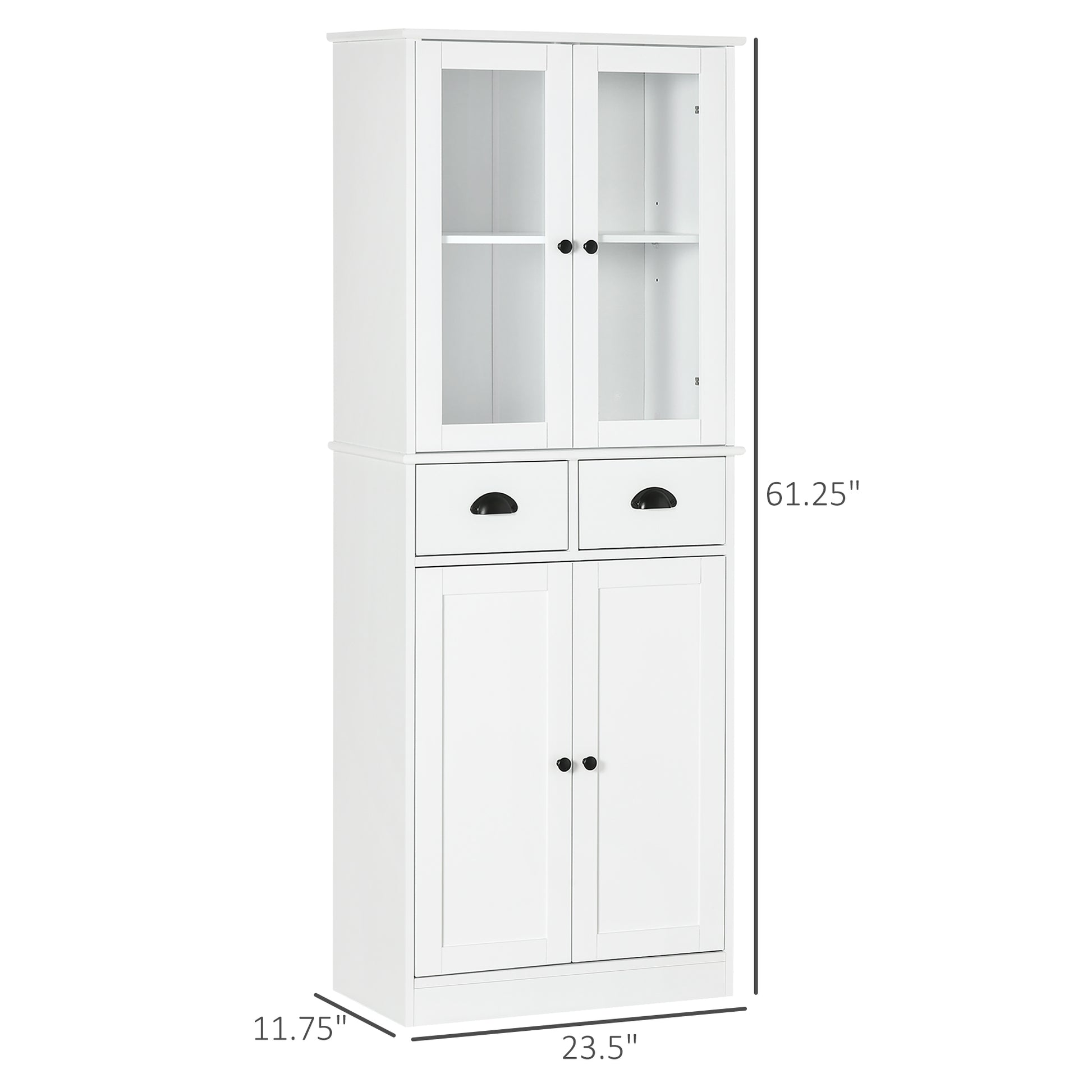 61" Freestanding Kitchen Pantry, Traditional Style Storage Cabinet With Soft Close Doors, Adjustable Shelves, And 2 Drawers, For Living Room, Dining Room, White White Mdf