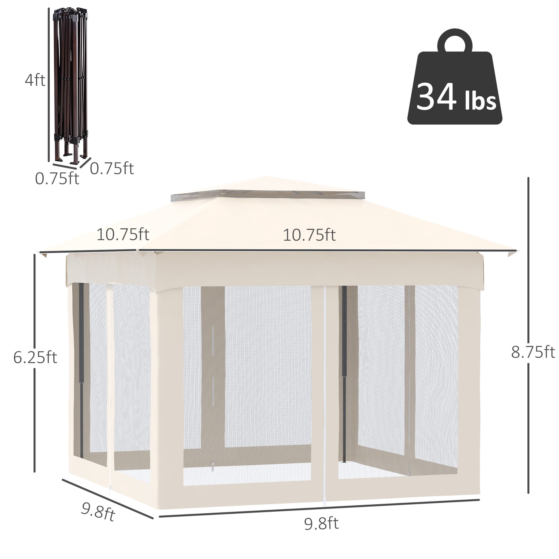 11' X 11' Pop Up Canopy, Outdoor Patio Gazebo Shelter With Removable Zipper Netting, Instant Event Tent With 121 Sq.Ft Shade And Carry Bag For Backyard, Garden, Base 10X10, Beige Beige Metal