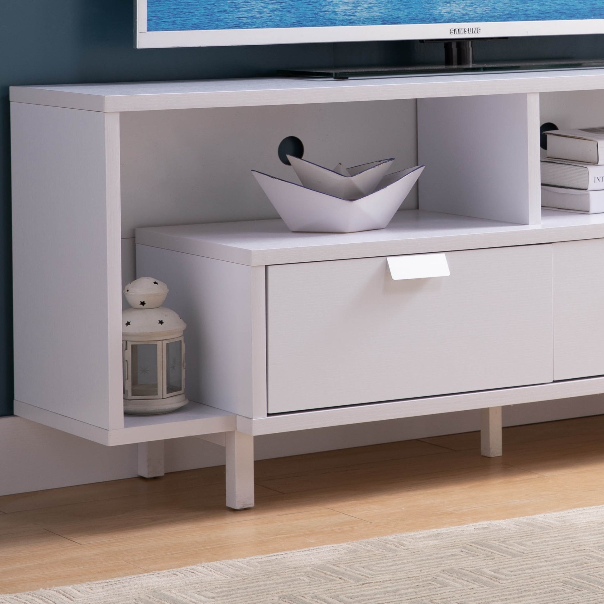 Modern 60" Tv Stand With Two Shelves And Two Drawers White White 50 59 Inches Particle Board