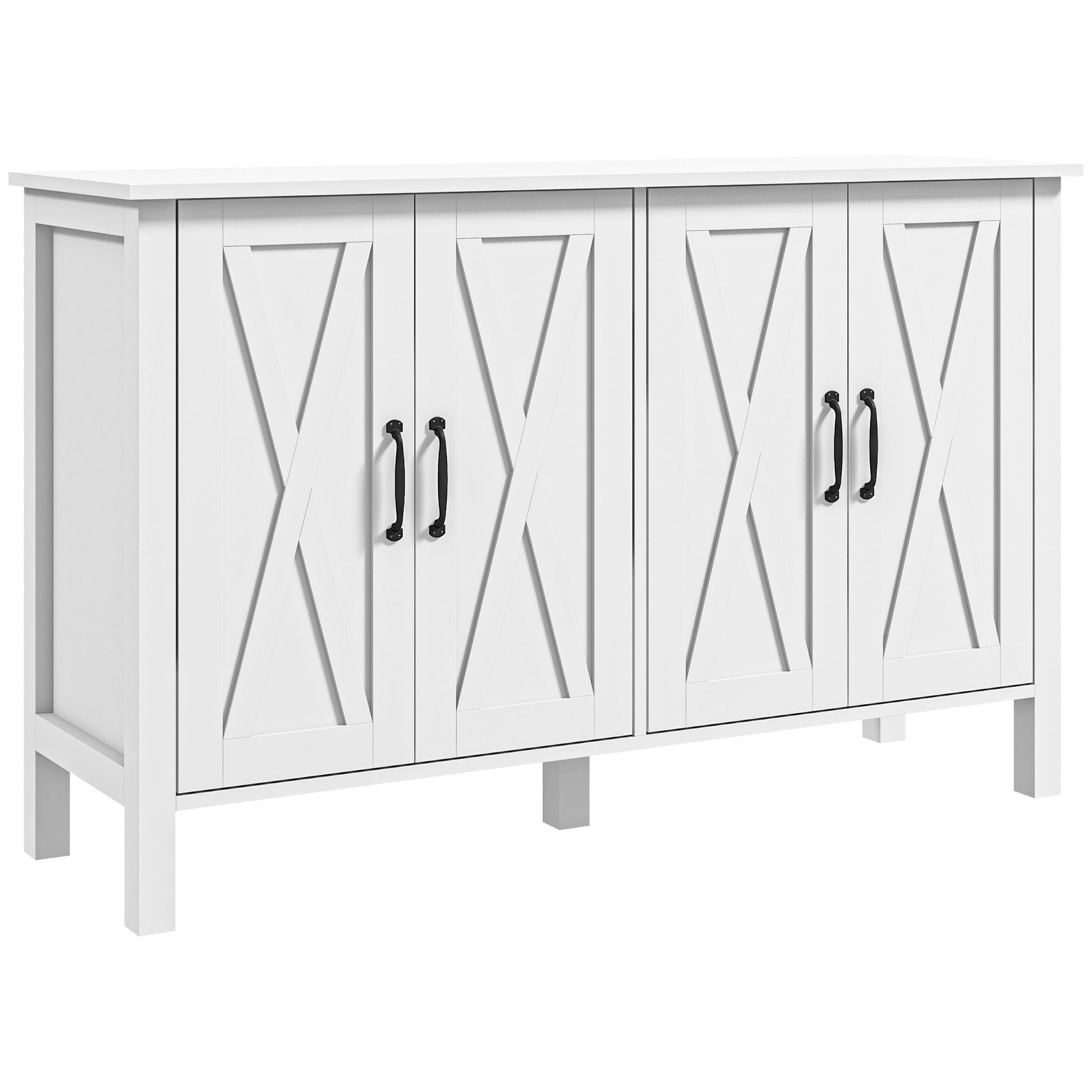 Buffet Cabinet, 47" Sideboard With 4 Barn Doors And 2 Adjustable Shelves, Farmhouse Coffee Bar Cabinet, White White Mdf