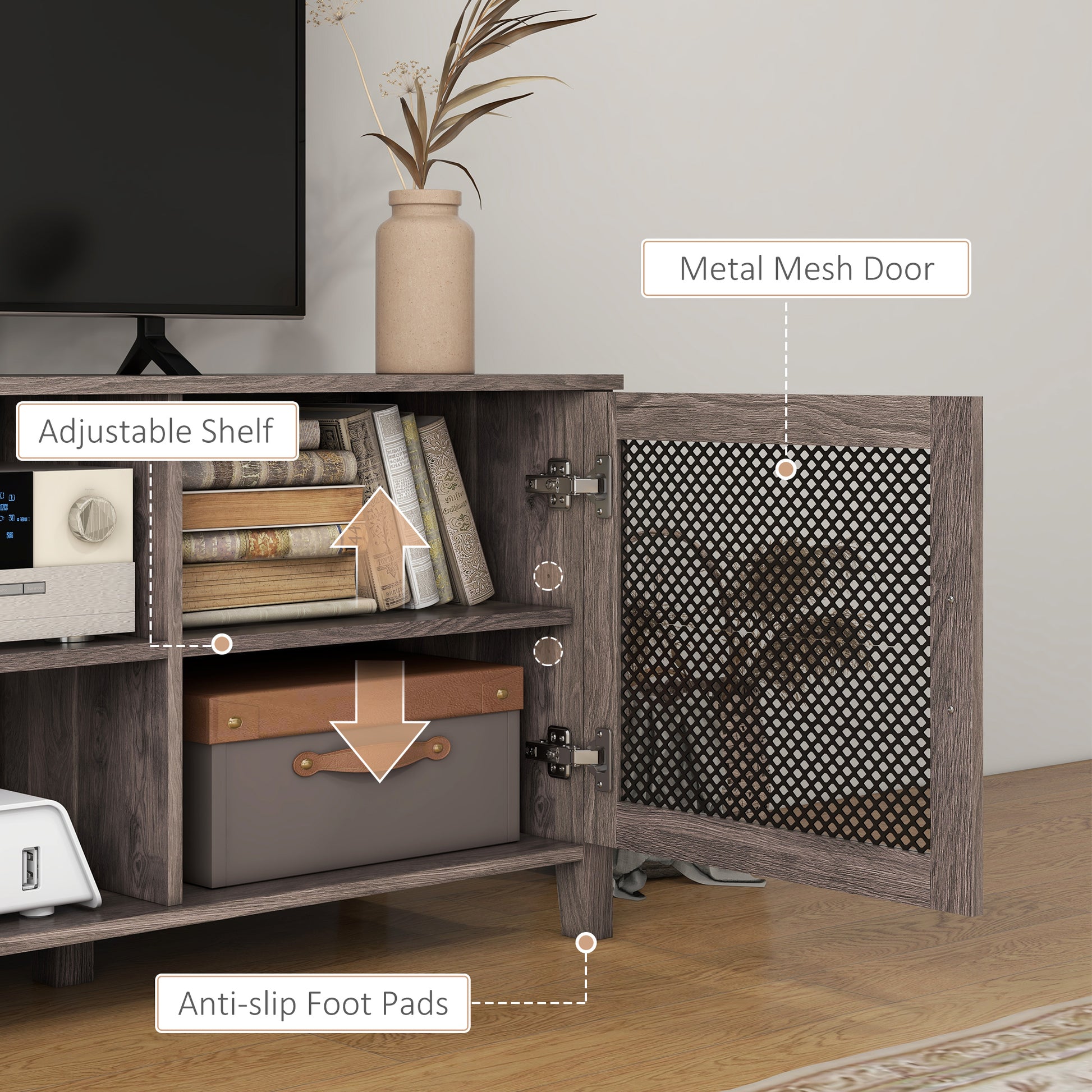 Industrial Tv Cabinet Stand For Tvs Up To 65", Entertainment Center With Mesh Doors And Shelves For Living Room, Brown Brown Particle Board