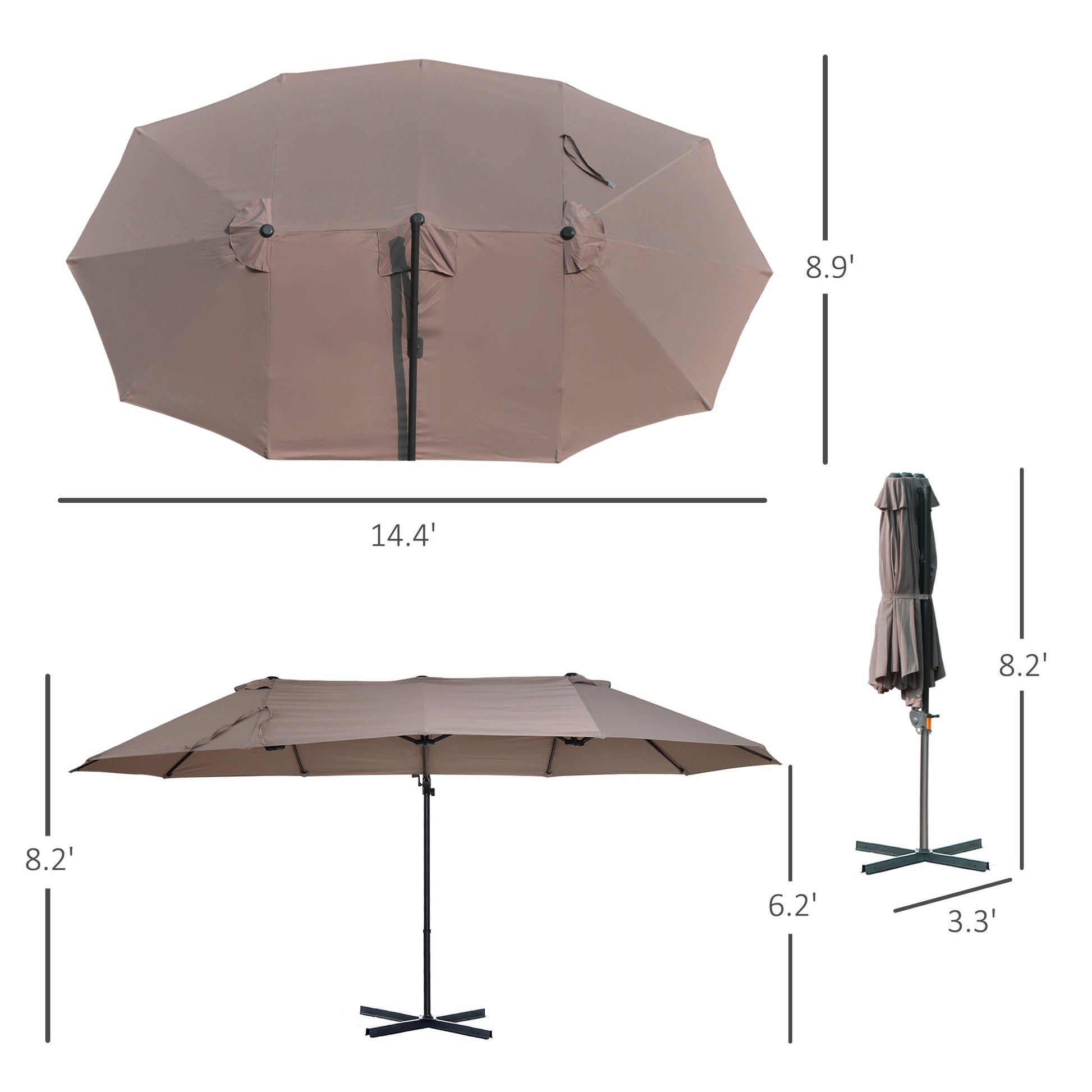 14Ft Patio Umbrella Double Sided Outdoor Market Extra Large Umbrella With Crank, Cross Base For Deck, Lawn, Backyard And Pool, Brown Brown Steel 14Ft Patio Umbrella Double Sided Outdoor Market Extra Large Umbrella With Crank, Cross Base For Deck, Lawn, Backyard And Pool, Brown Brown Steel