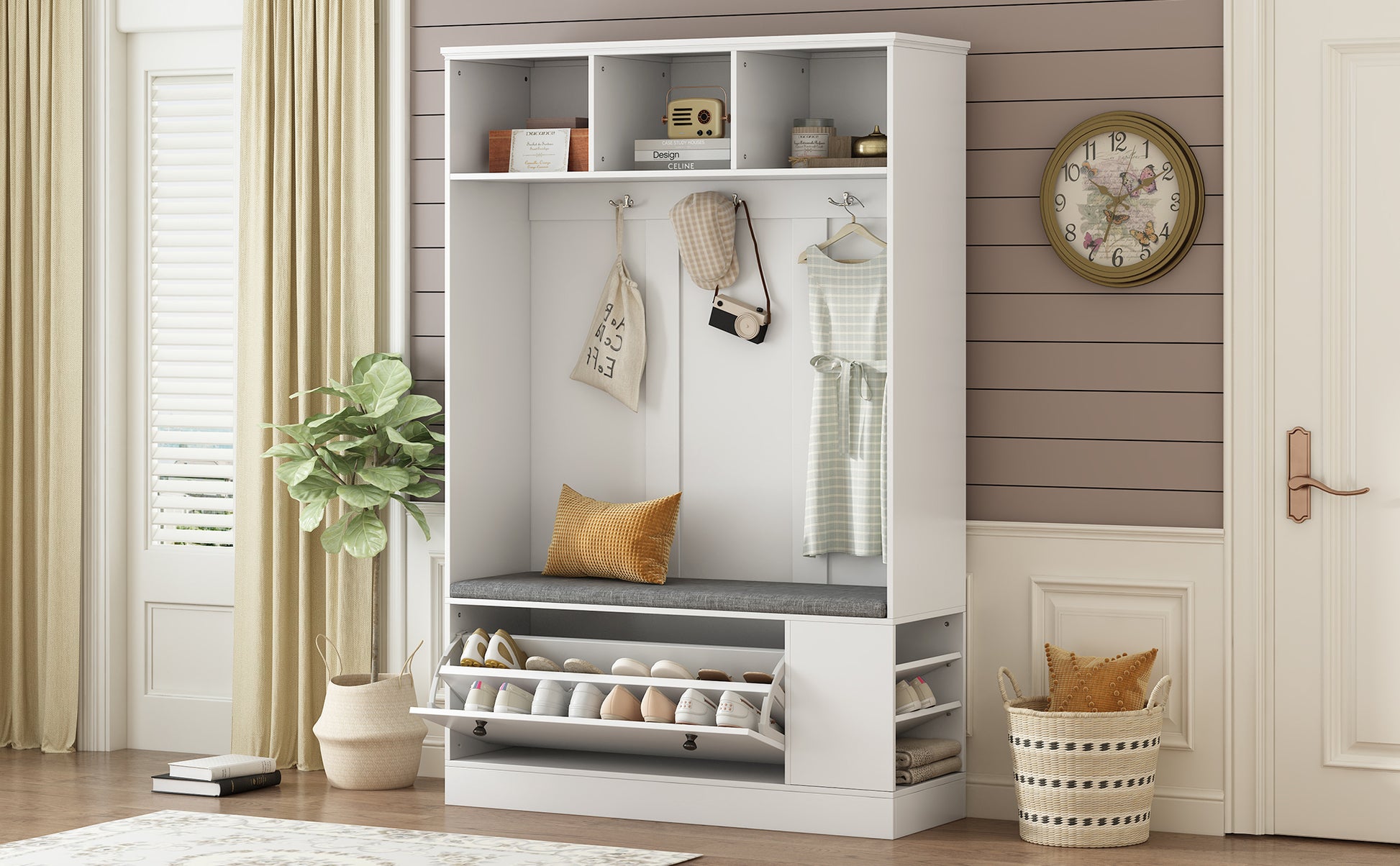 In Entryway Bench With Coat Rack, Cushion And Sturdy Hooks,