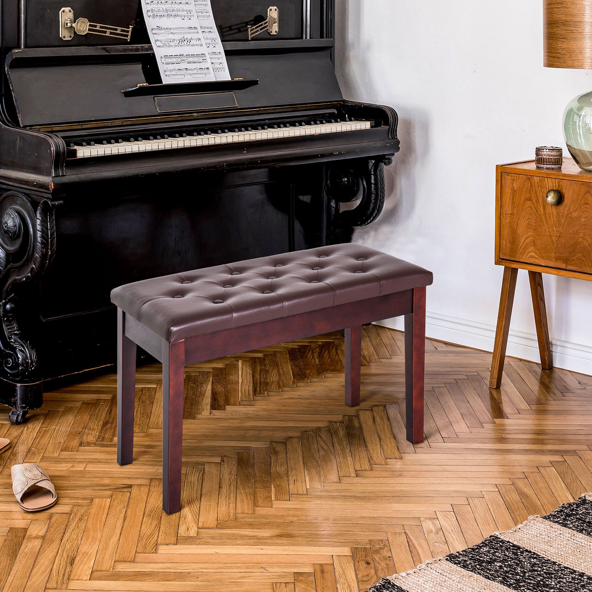 Piano Bench, Duet Piano Chair With Faux Leather Padded Cushion And Wooden Frame, Button Tufted Keyboard Bench, Brown Brown Rubber Wood