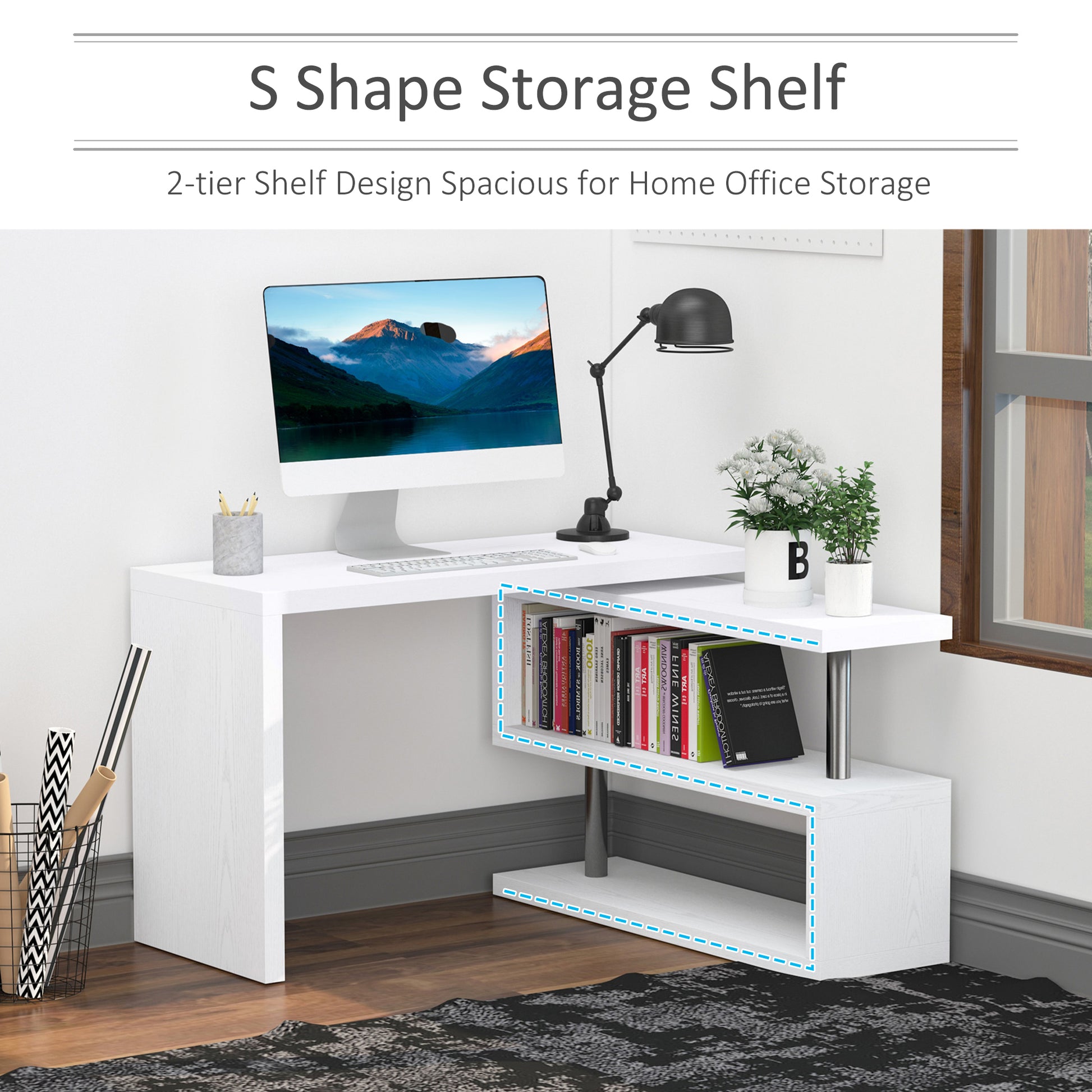 360 Degree Rotating Corner Computer Desk, L Shaped Desk, Home Office Workstation With 3 Tier Storage Shelves, White White Stainless Steel