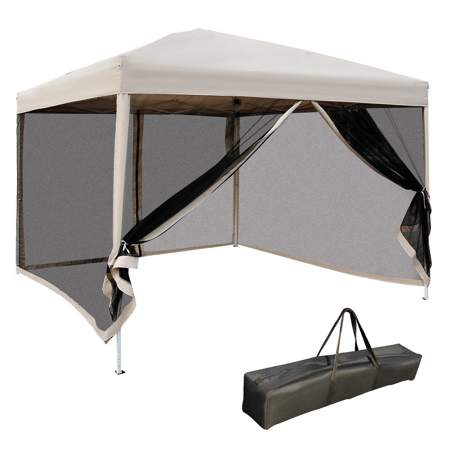210D Oxford 10' X 10' Pop Up Canopy Tent With Netting, Instant Screen Room House, Tents For Parties, Height Adjustable, With Carry Bag, For Outdoor, Garden, Patio Beige Steel
