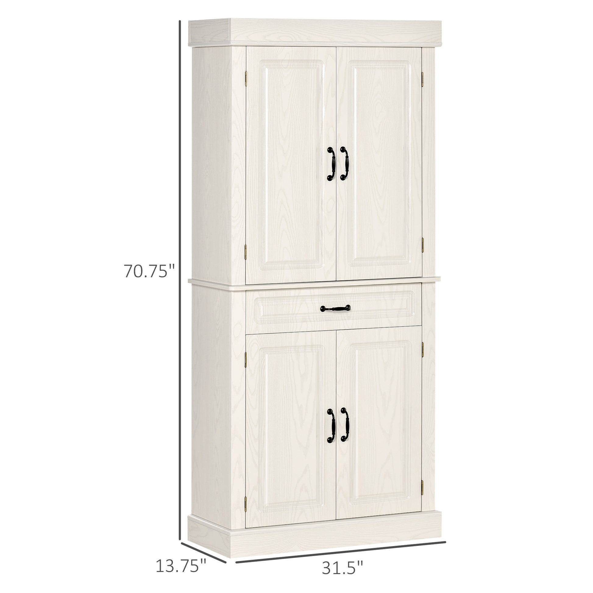 71" Freestanding Kitchen Pantry With 4 Doors, And 2 Large Cabinets, Tall Storage Cabinet With Wide Drawer For Kitchen Dining Room, White White Engineered Wood