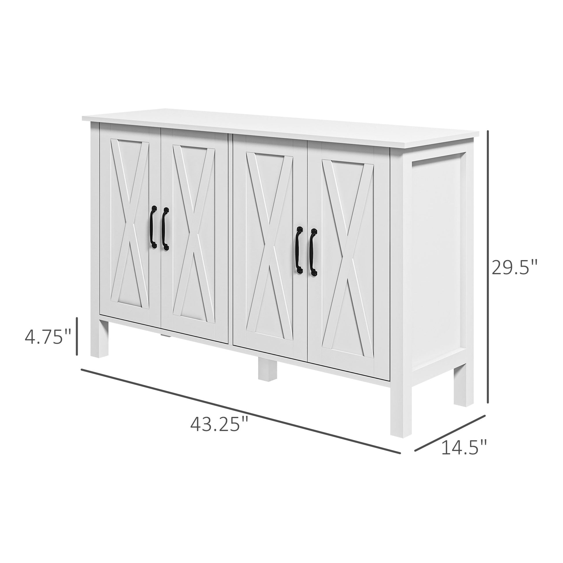 Buffet Cabinet, 47" Sideboard With 4 Barn Doors And 2 Adjustable Shelves, Farmhouse Coffee Bar Cabinet, White White Mdf