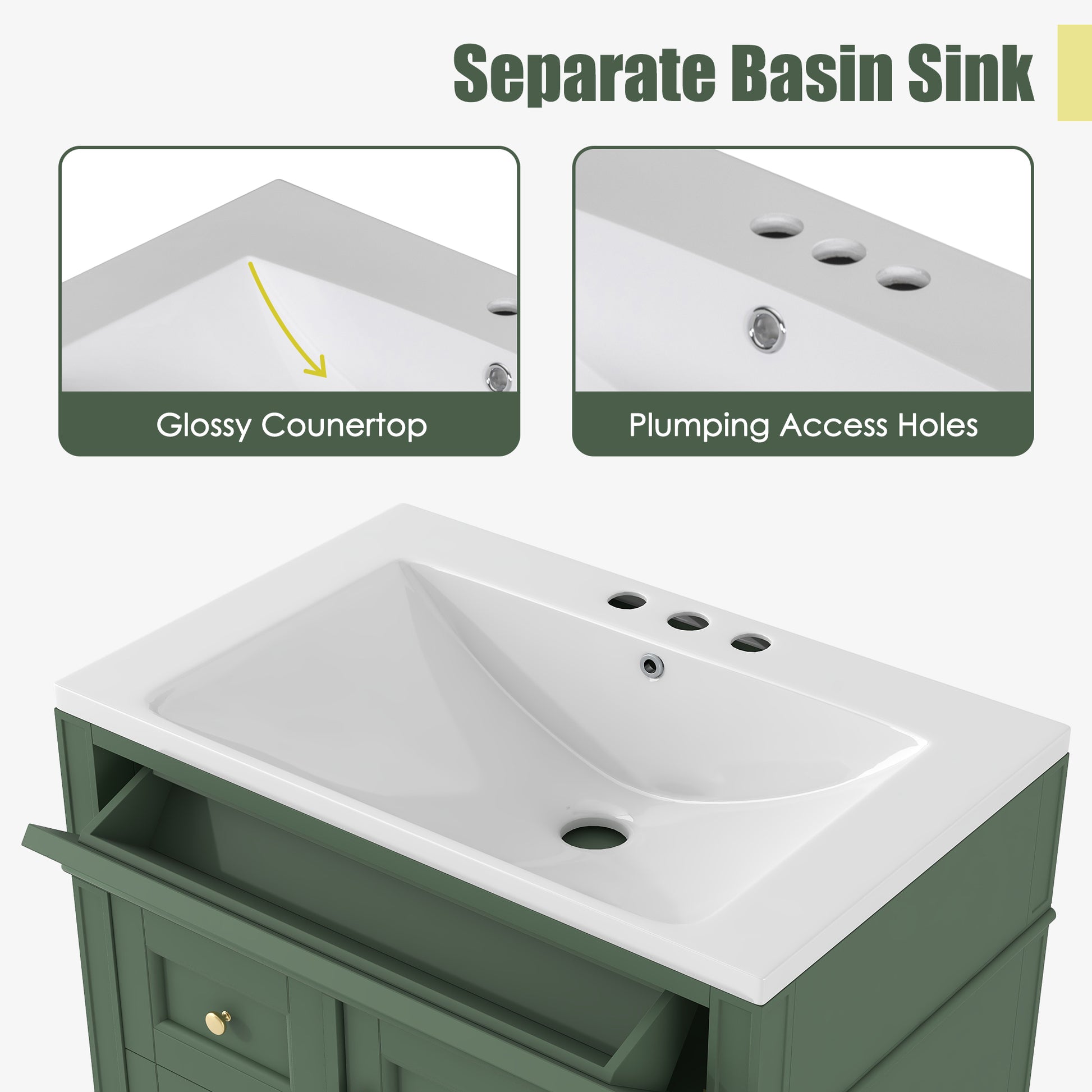 30'' Bathroom Vanity With Top Sink, Modern Bathroom Storage Cabinet With 2 Drawers And A Tip Out Drawer, Single Sink Bathroom Vanity Green Mdf