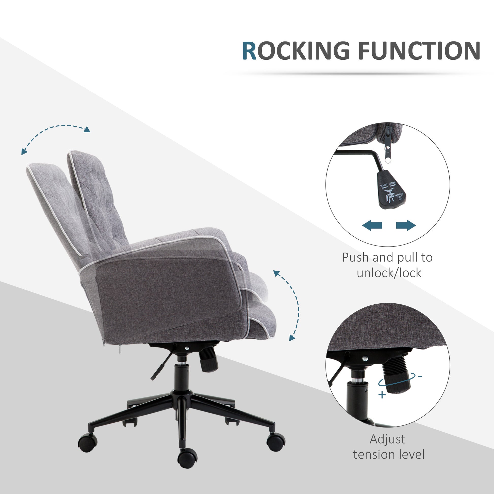 Linen Home Office Chair, Tufted Height Adjustable Computer Desk Chair With Swivel Wheels And Padded Armrests, Dark Gray Grey Fabric
