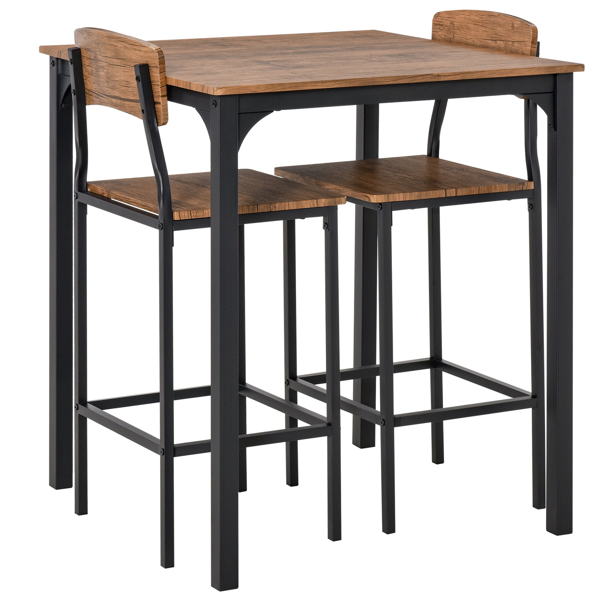 3 Piece Bar Table Set, Industrial Counter Height Dining Table Set, Bar Table & Chairs With Steel Legs & Footrests, Black Rustic Brown Steel