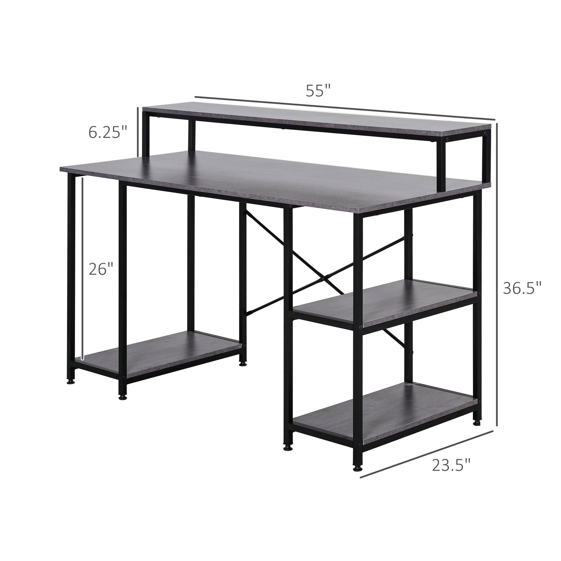 55 Inch Home Office Computer Desk Study Writing Workstation With Storage Shelves, Elevated Monitor Shelf, Cpu Stand, Durable X Shaped Construction, Grey Wood Grain Grey Engineered Wood