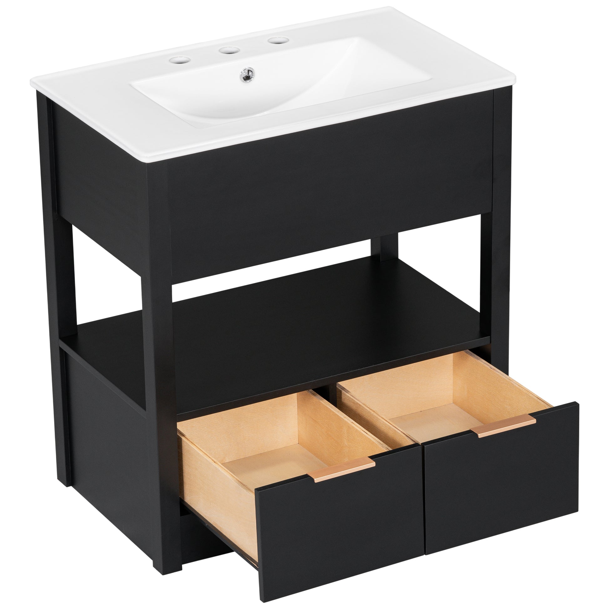 30" Bathroom Vanity With Sink Top, Bathroom Cabinet With Open Storage Shelf And Two Drawers, One Package, Black Old Sku:Wf311619Aap Black Solid Wood Mdf