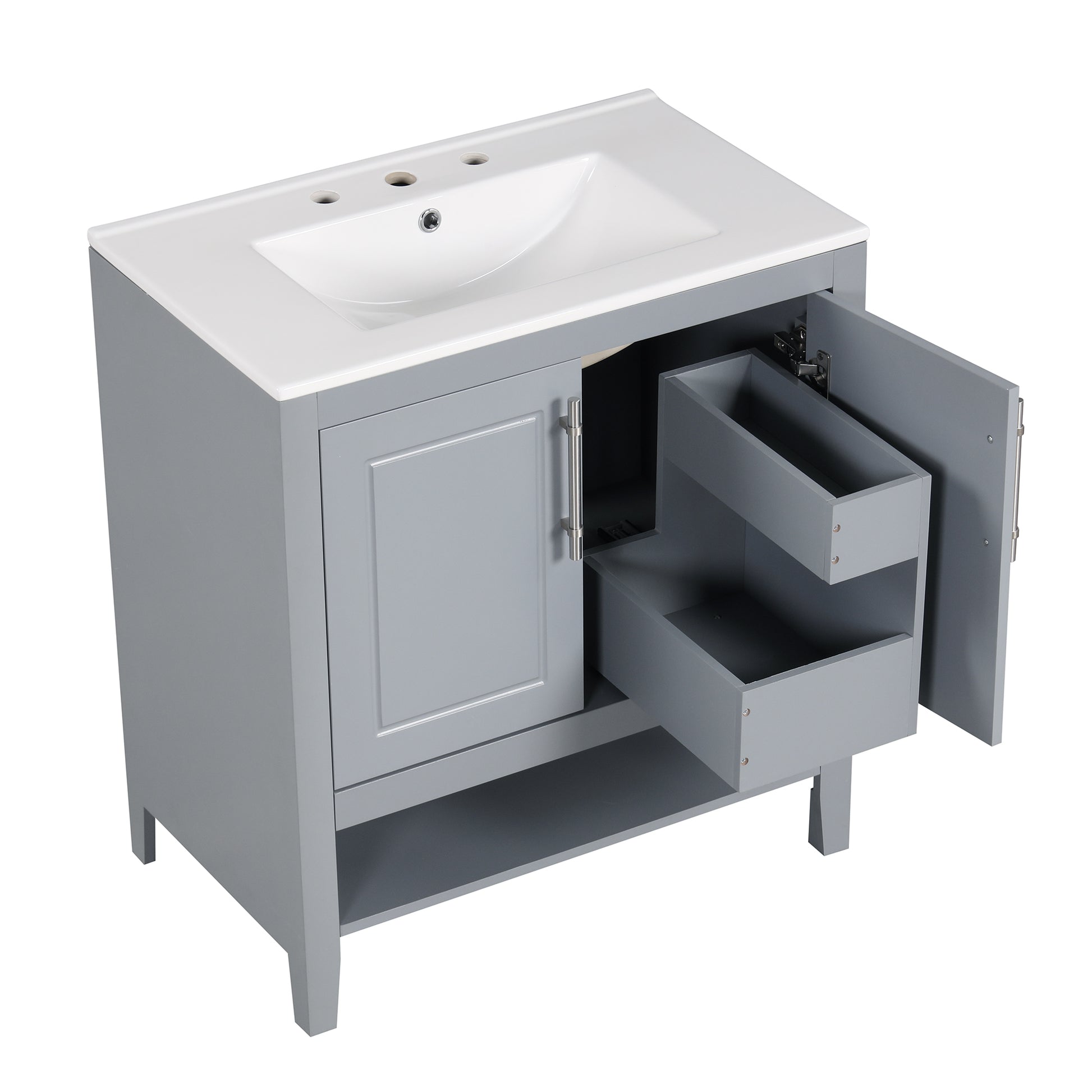 30" Bathroom Vanity With Sink, Multi Functional Bathroom Cabinet With Doors And Drawers, Solid Frame And Mdf Board, Grey Grey Solid Wood Mdf