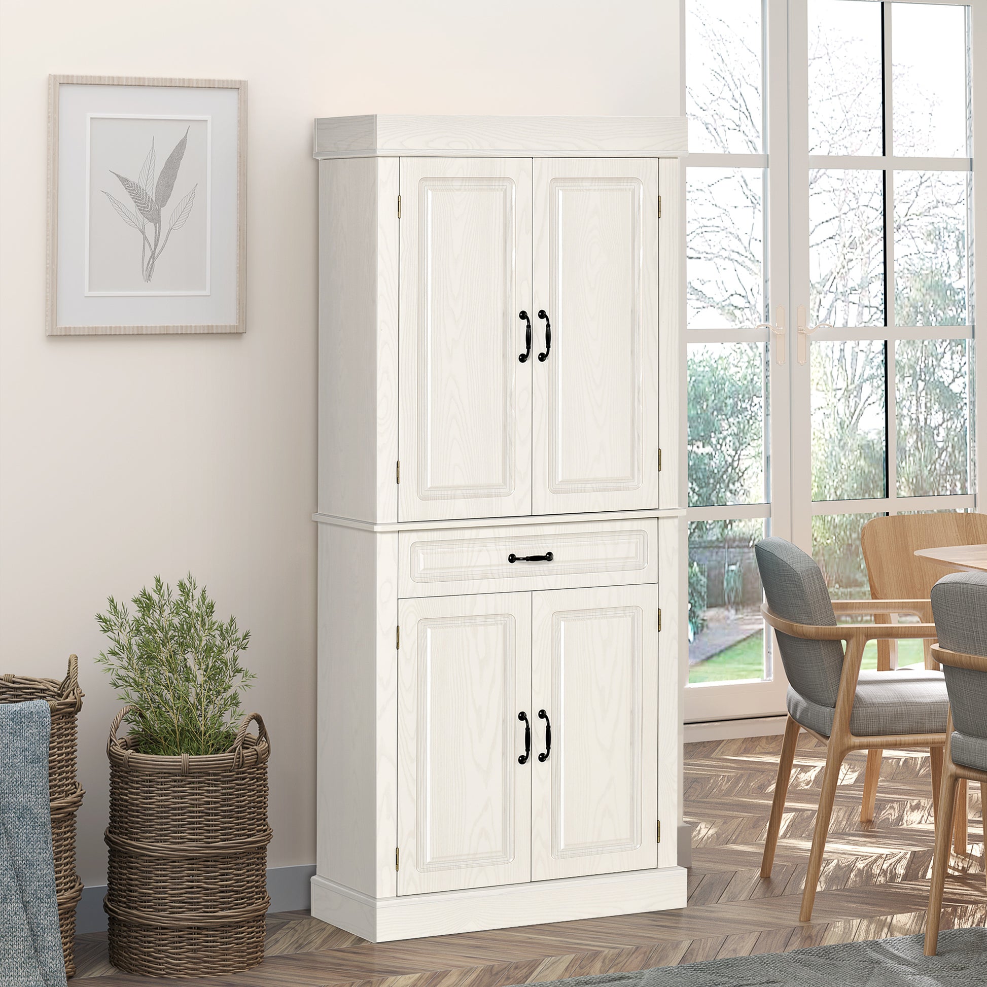 71" Freestanding Kitchen Pantry With 4 Doors, And 2 Large Cabinets, Tall Storage Cabinet With Wide Drawer For Kitchen Dining Room, White White Engineered Wood