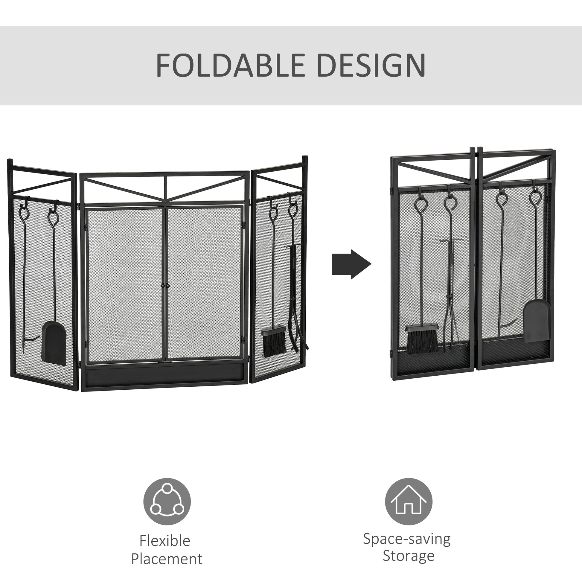 3 Panel Folding Fireplace Screen With 2 Magnetic Doors And Fire Place Tools Set, Fire Spark Guard For Wood Burning, With Brush, Shovel, Poker, Firewood Tongs, 48" X 0.75", Black Black Steel