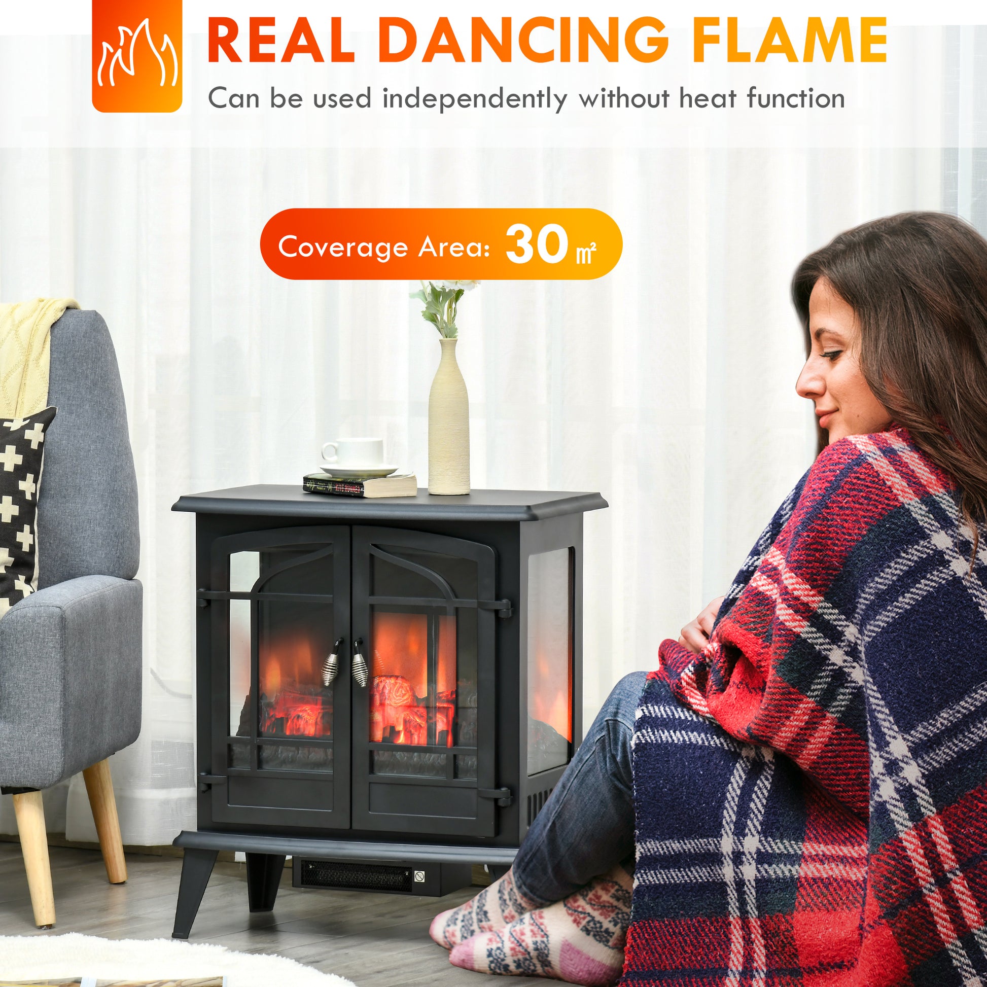 29" Electric Fireplace Heater, Freestanding Fire Place Stove With Realistic Led Log Flames And Overheating Safety Protection, 1400W, Black Black Steel