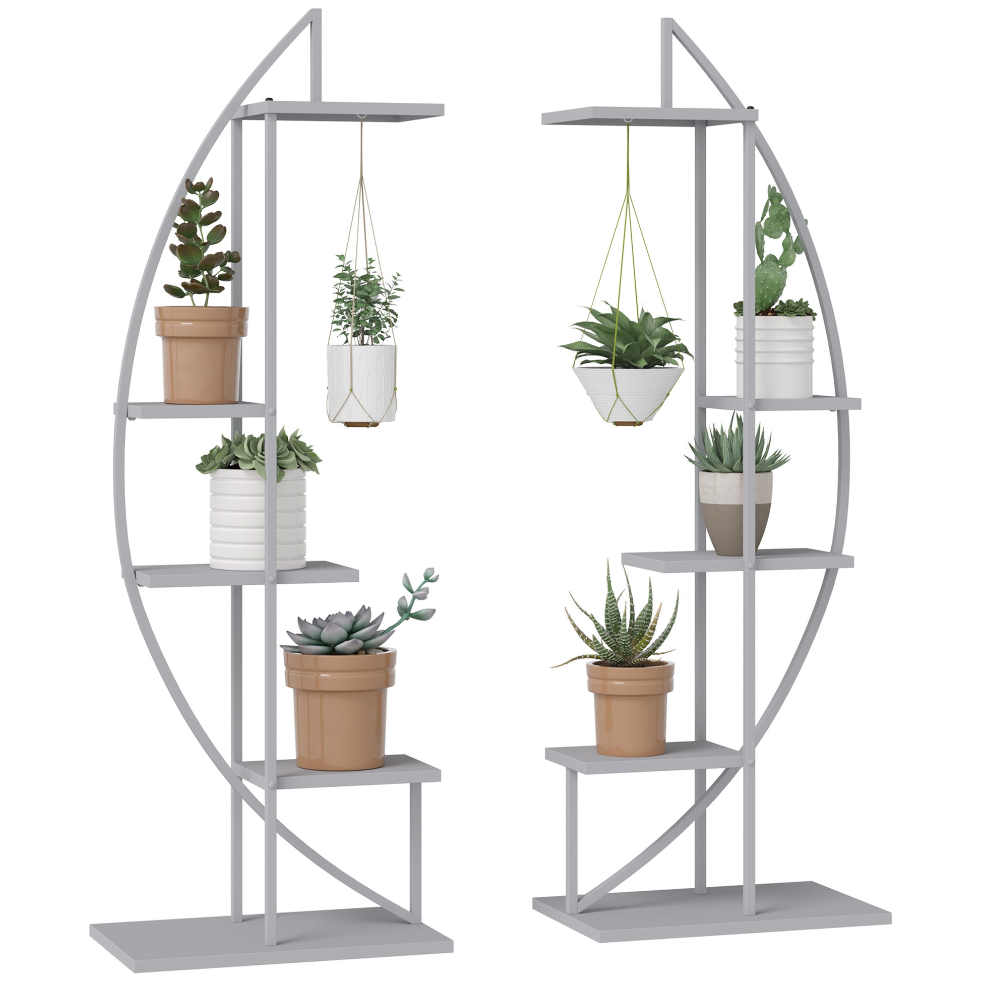 gray plant stand indoor 5 Tier Metal Plant Stand With Hangers, Half Moon Shape Flower Pot Display Shelf For Living Room Patio Garden Balcony Decor, Gray Gray Metal