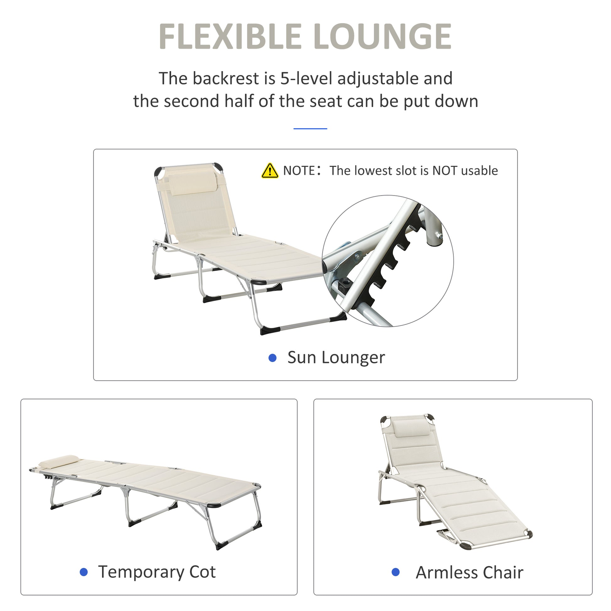 Foldable Outdoor Chaise Lounge Chair, 5 Level Reclining Camping Tanning Chair With Aluminum Frame, Padding, And Headrest For Beach, Yard, Patio, Pool, White White Aluminium
