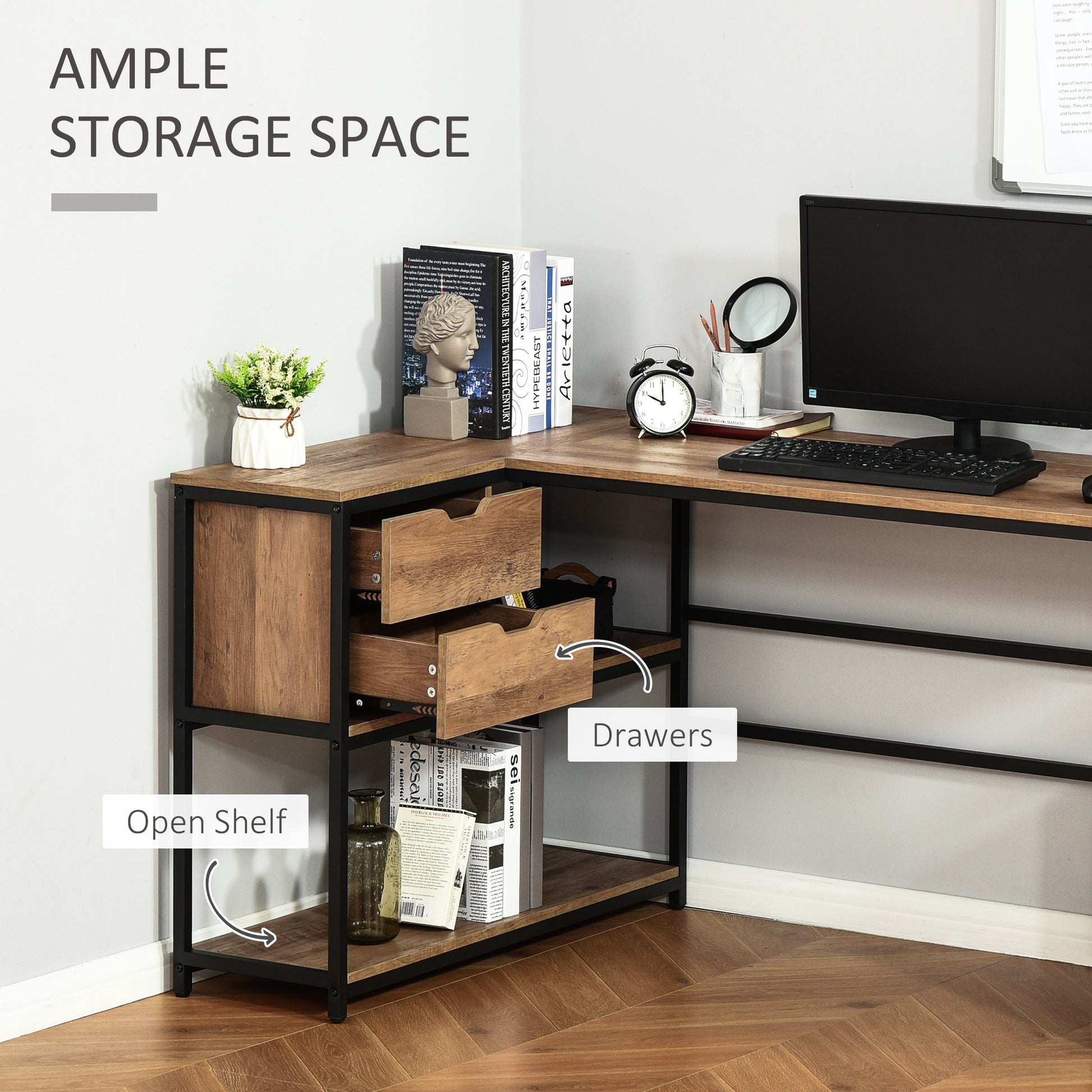 L Shaped Home Offie Computer Desk With Storage Shelves, 2 Dawers And Industrial Steel Frame, Black Brown Brown Mdf